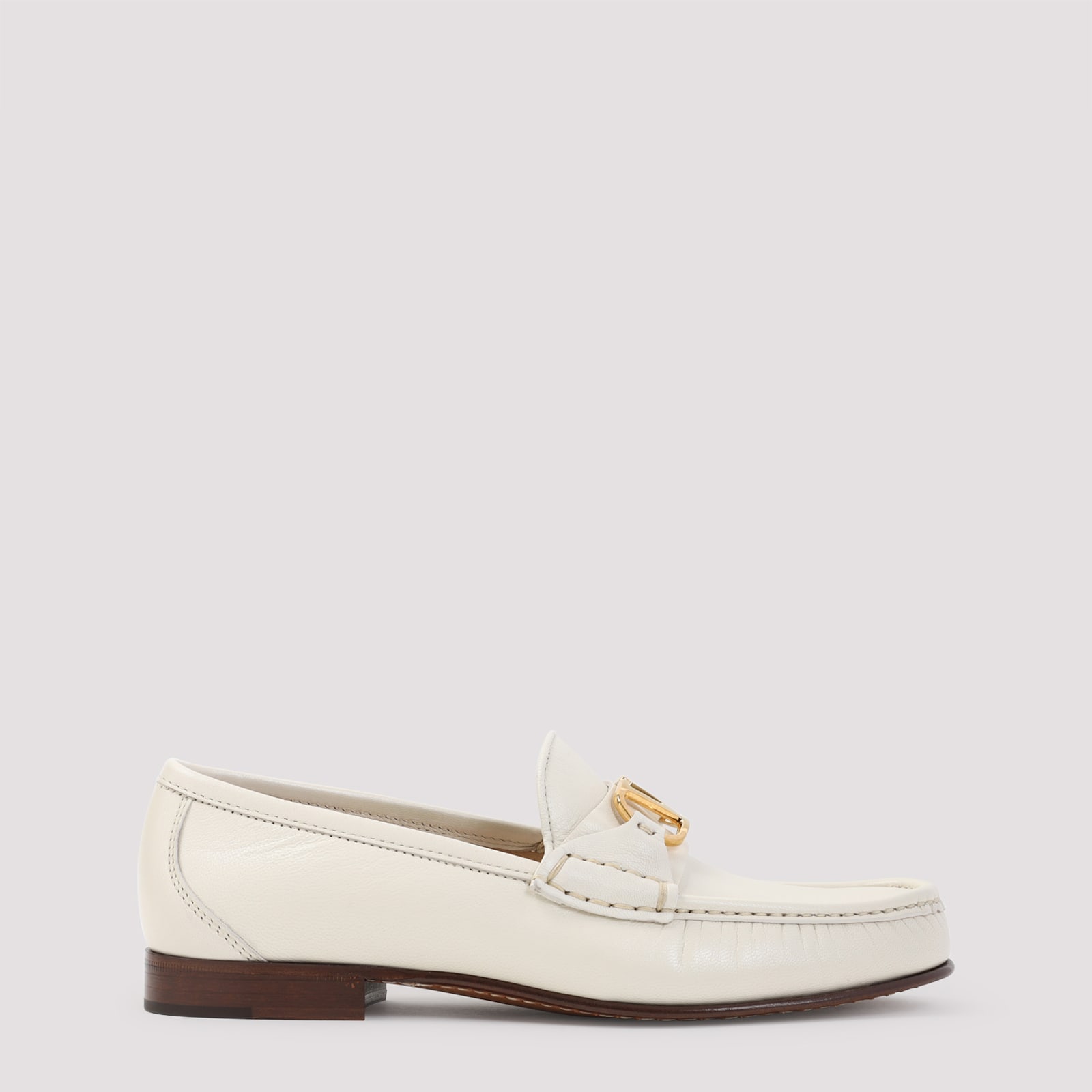 Valentino Ivory Leather Loafer With Golden Metal V Logo