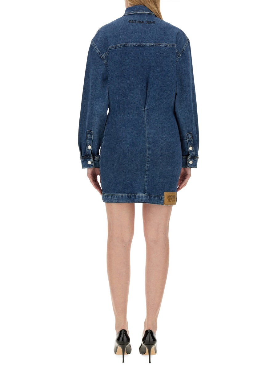 Moschino Denim Dress With Long Sleeves And Point Collar In Blue