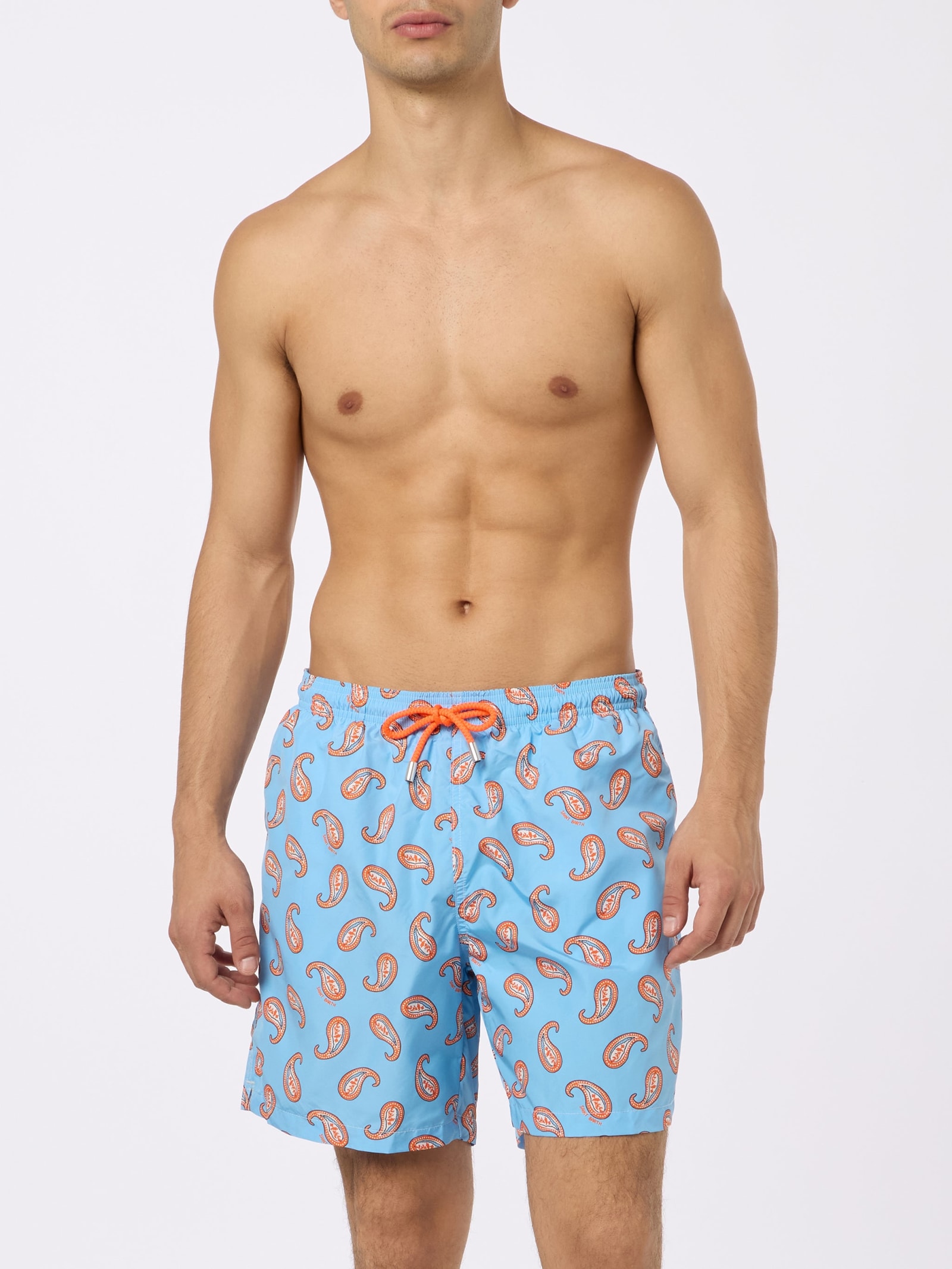 Mc2 Saint Barth Man Lightweight Fabric Swim-shorts Lighting With Paisley Print In Sky