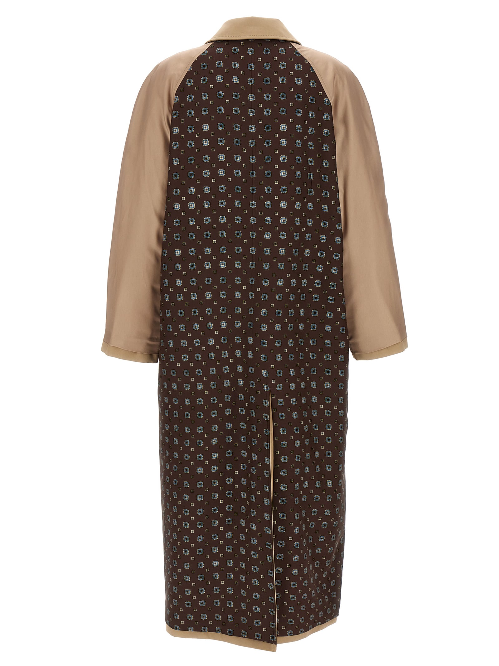 Shop Moschino Long Trench Coat With Patterned Inserts In Beige