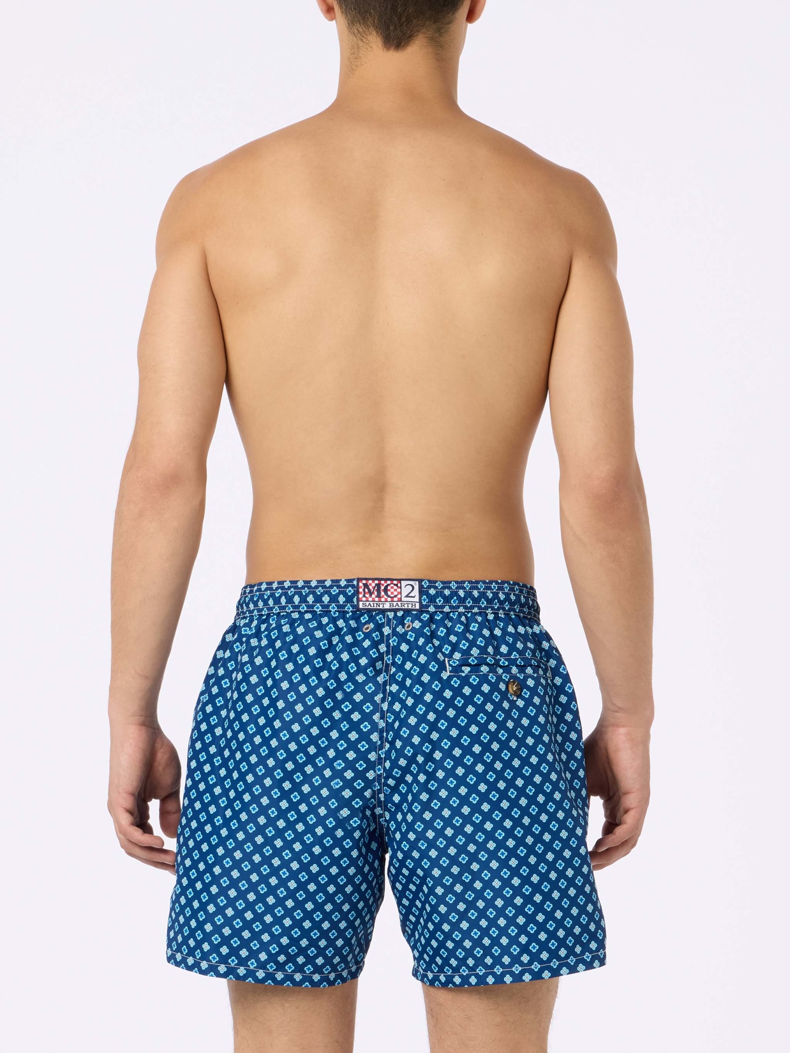 Mc2 Saint Barth Man Lightweight Fabric Swim-shorts Lighting Micro Fantasy With Tie Print In Blue