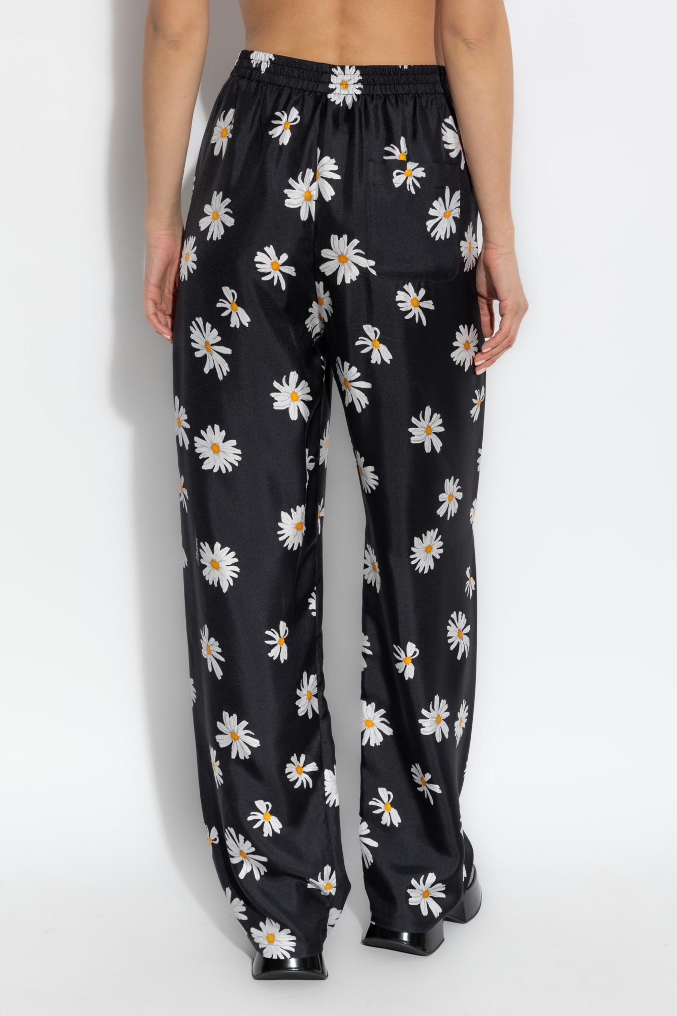 Moschino Black Silk Twill Allover Daisy Trousers In 1555
