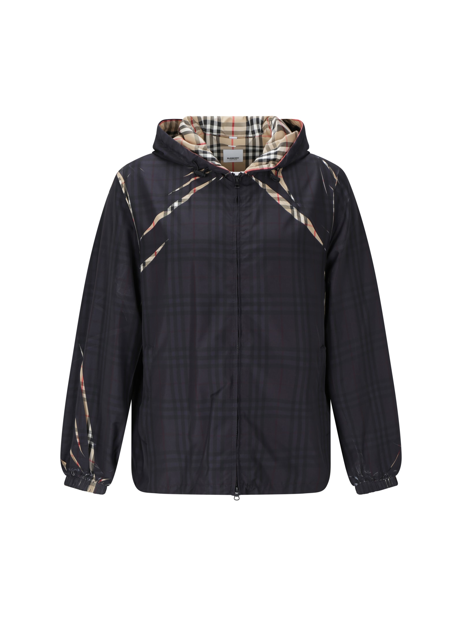 Burberry Zip-front Sliced Check Windbreaker Jacket In Black