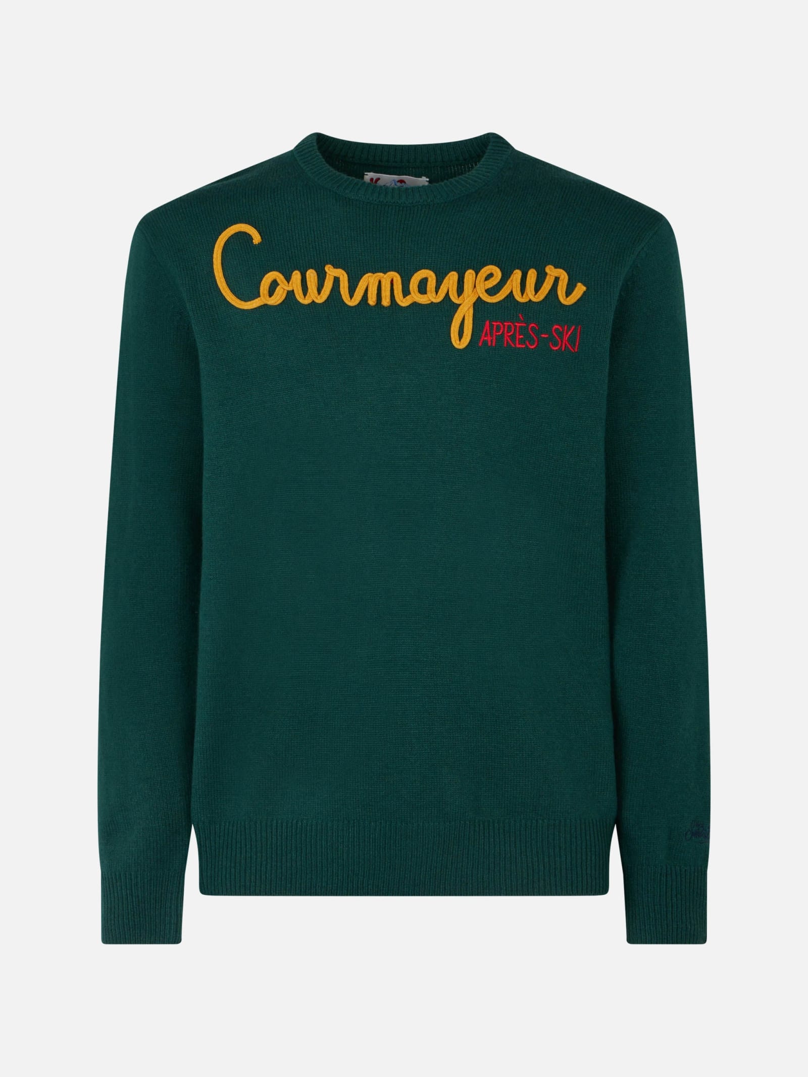 Mc2 Saint Barth Man Crewneck Sweater With Courmayeur Après Ski Embroidery In Green