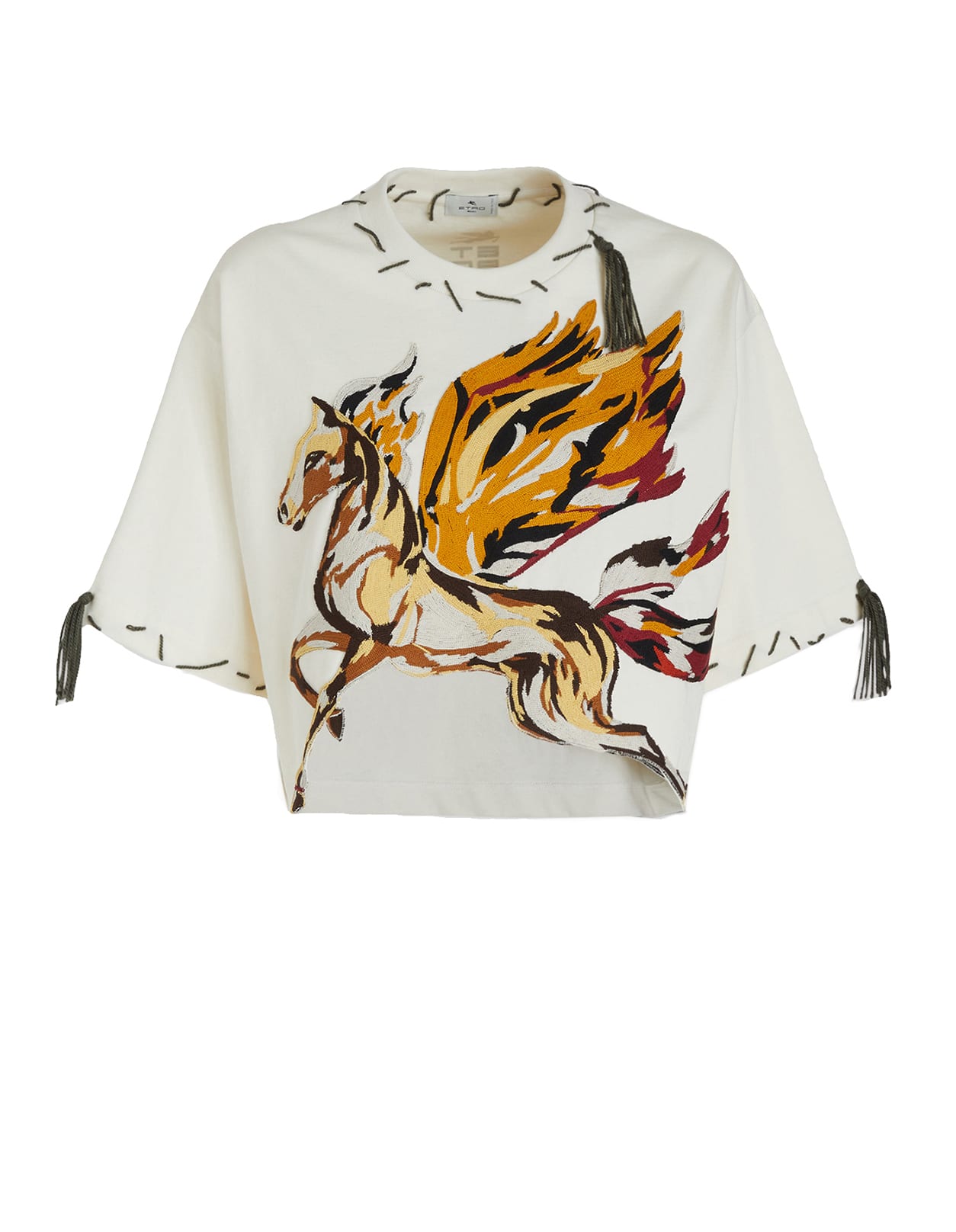 Woman White Crop T-shirt With Pegasus And Etro Cube Logo