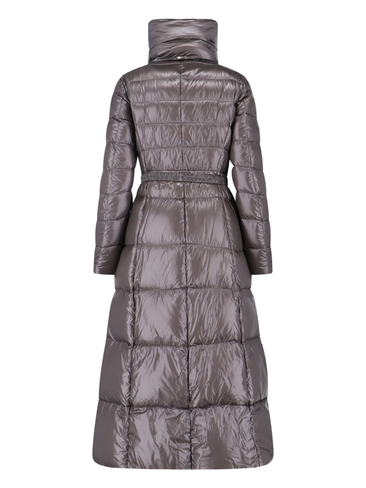 Herno Belted High Collar Long Quilted Shiny Jacket In Gray