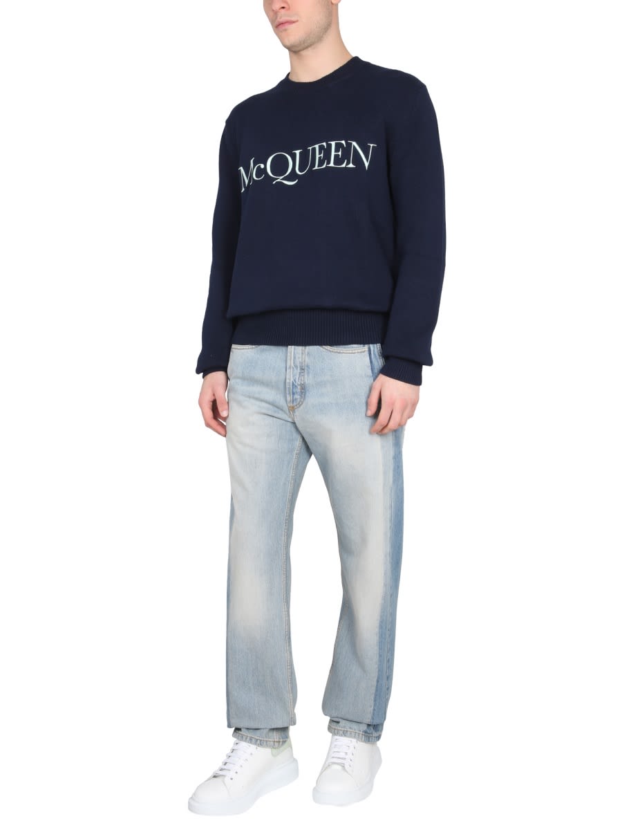 Shop Alexander Mcqueen Worker Jeans With Patches In Blue