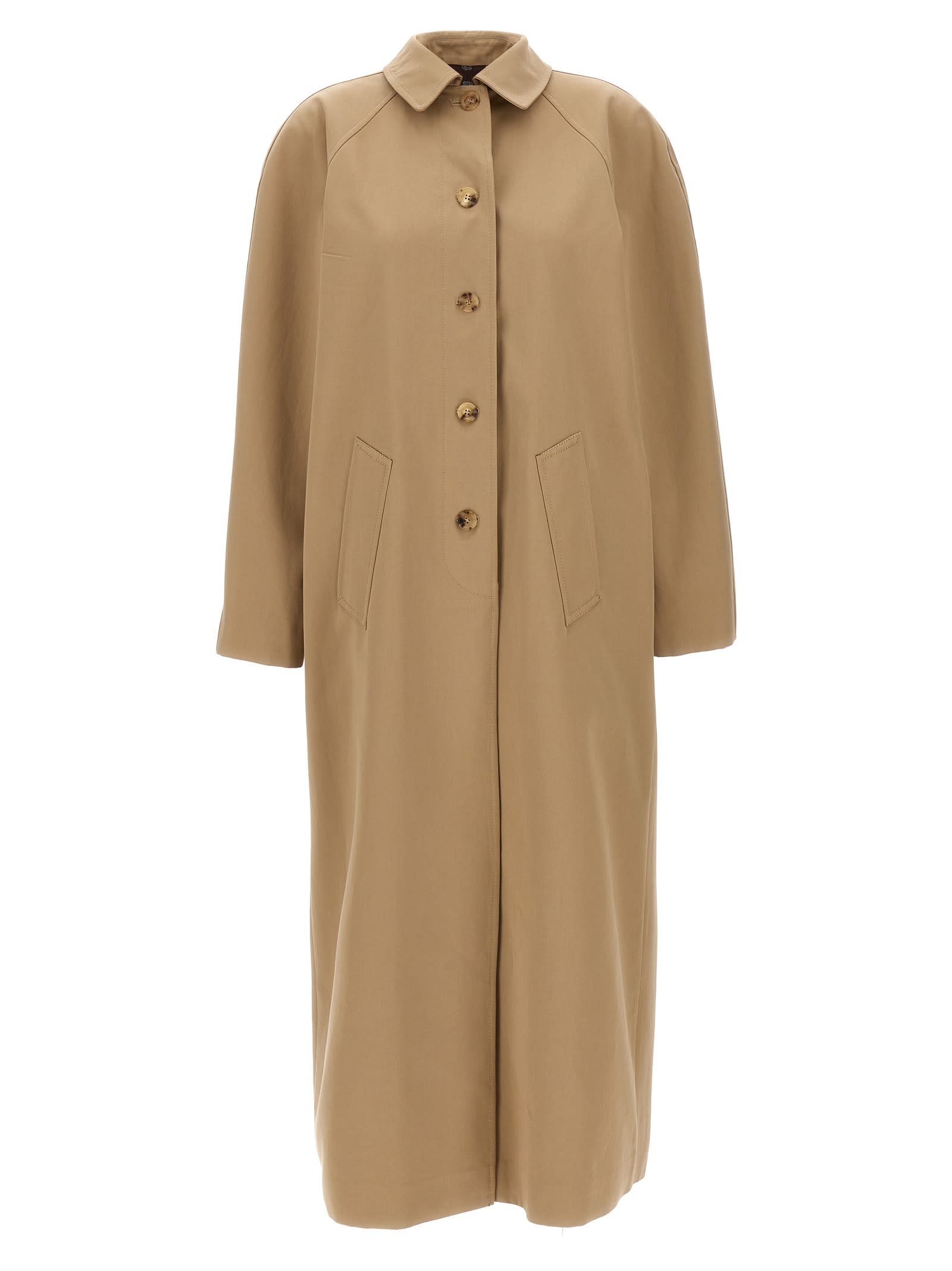 Shop Moschino Long Trench Coat With Patterned Inserts In Beige