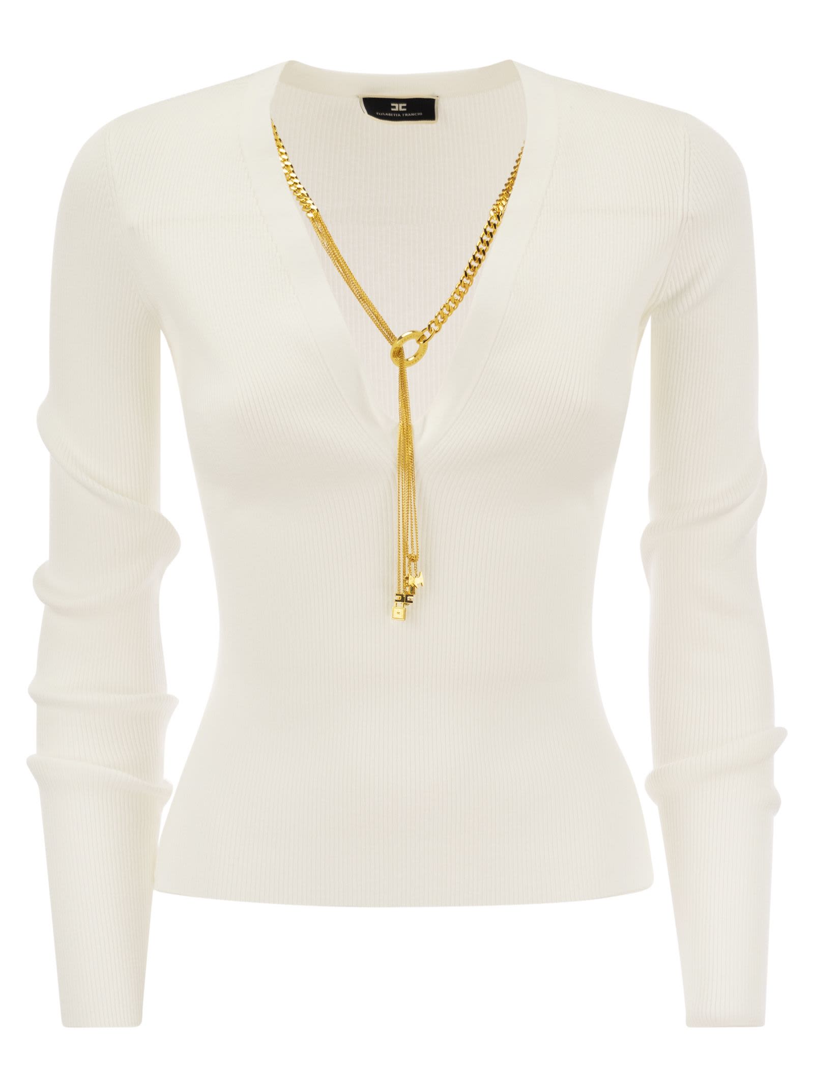 ELISABETTA FRANCHI LONG-SLEEVED RIBBED VISCOSE TOP WITH NECKLACE