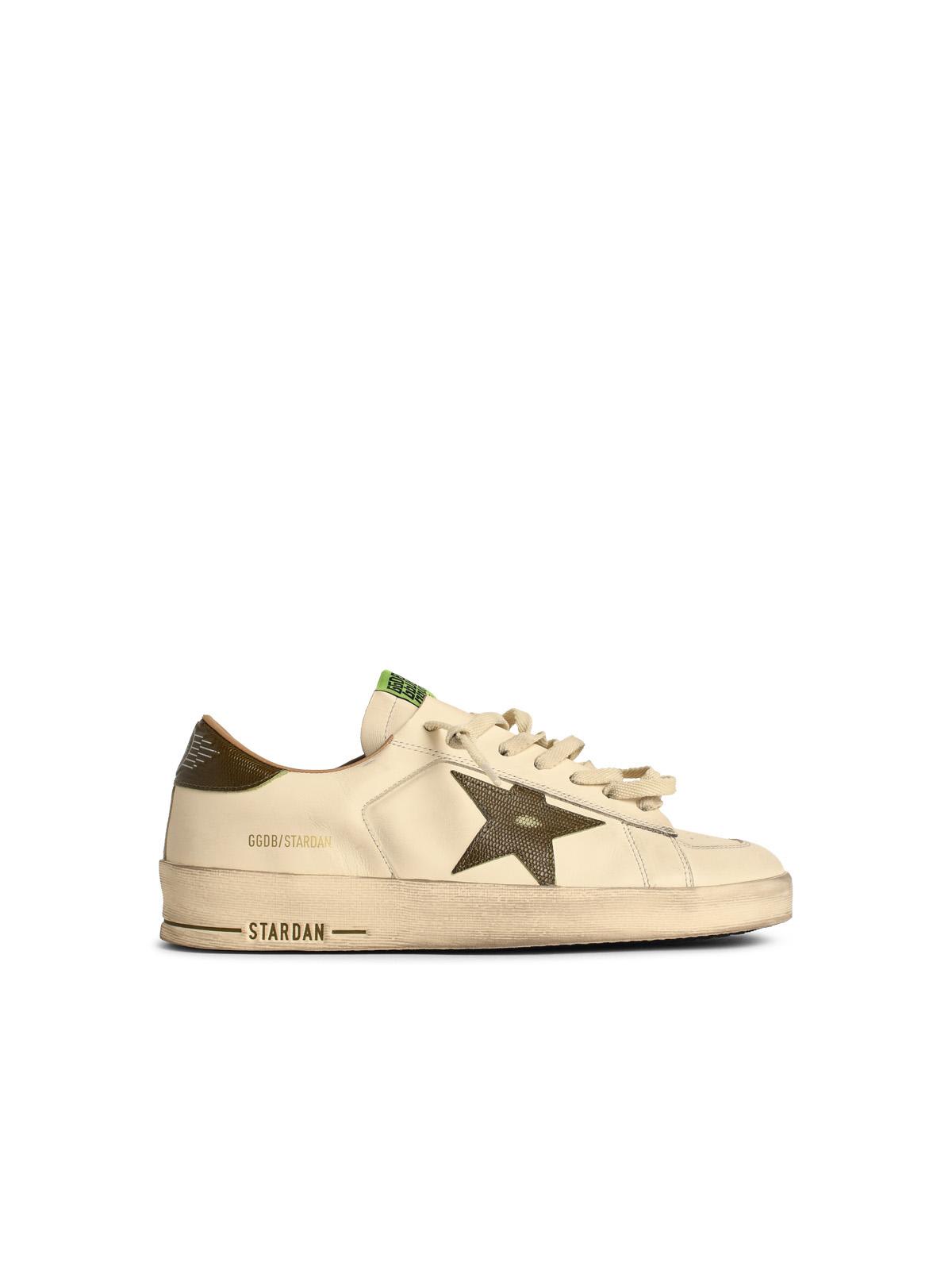 Golden Goose Stardan White Leather Sneakers With Green Star And Heel In White