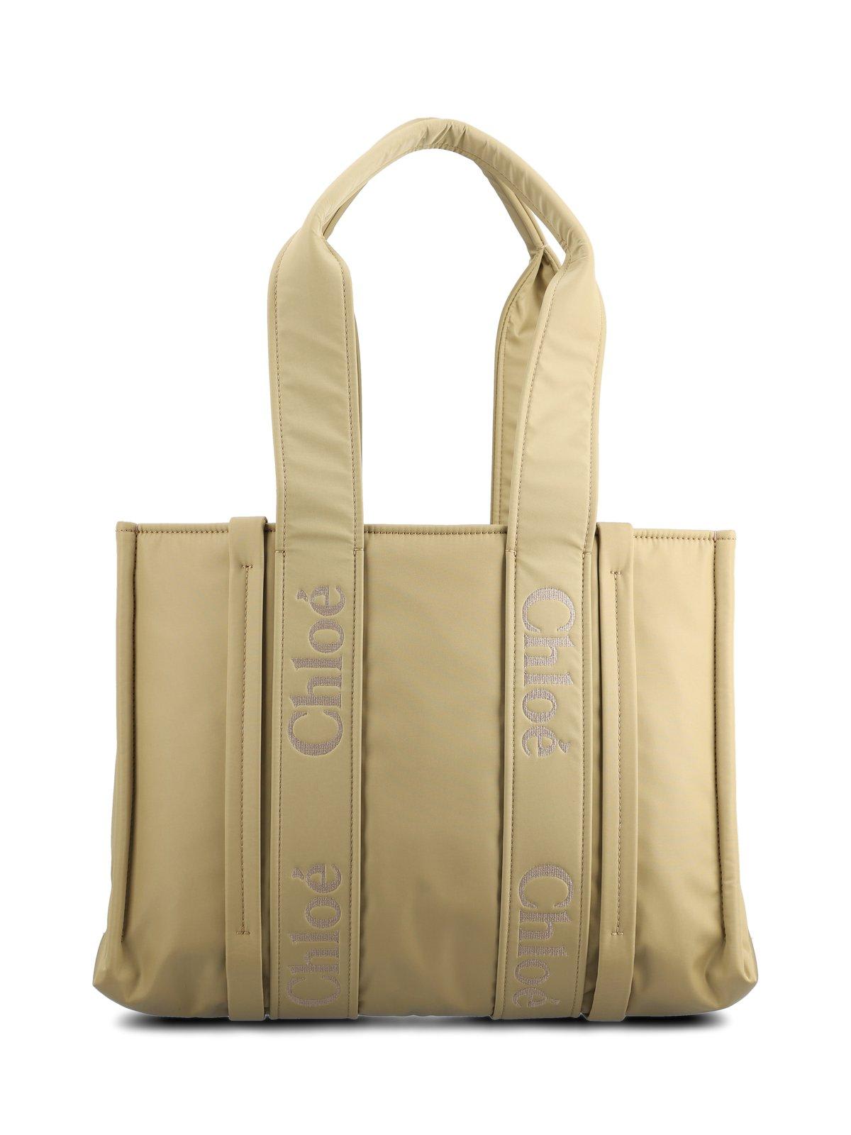 Shop Chloé Woody Logo Embroidered Medium Tote Bag In Beige