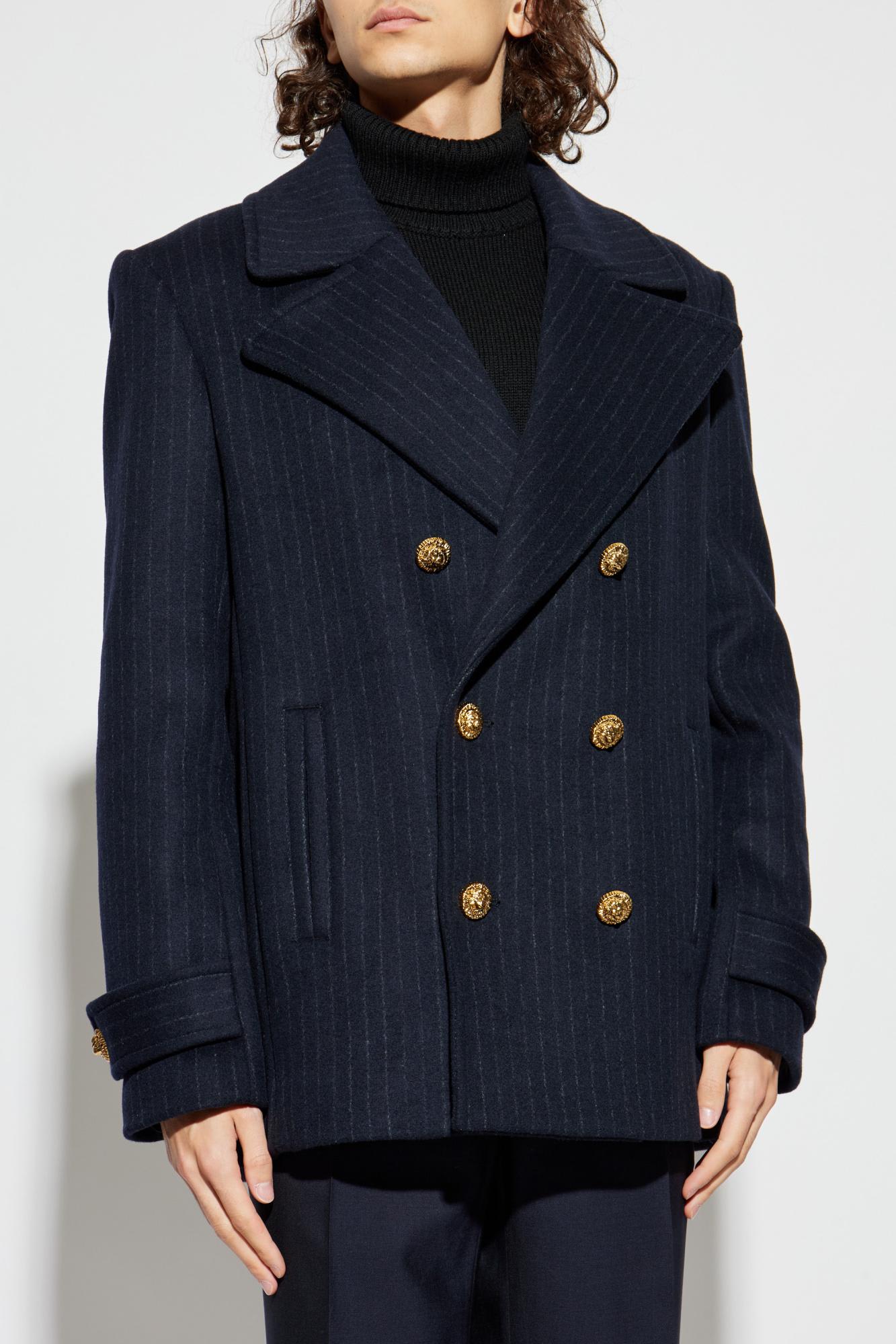 Balmain Merino Wool-blend Stripe Pea Coat In Blue