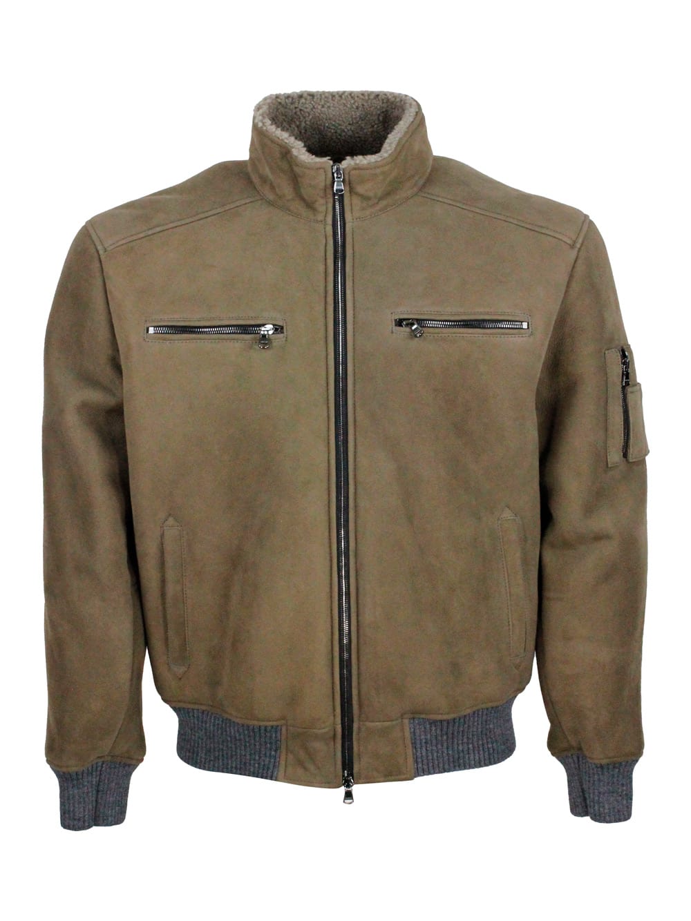 Barba Napoli Bomber Jacket In Fine And Soft Shearling Sheepskin With Stretch Knit Trims And Zip Closure. Front Po In Taupe