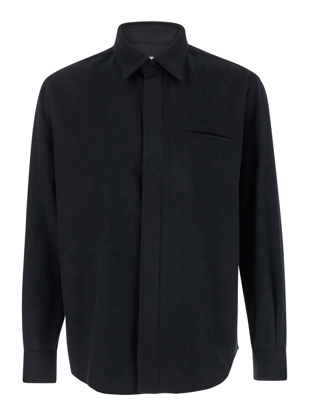 Black Shirt With Hidden Placket In Wool Man