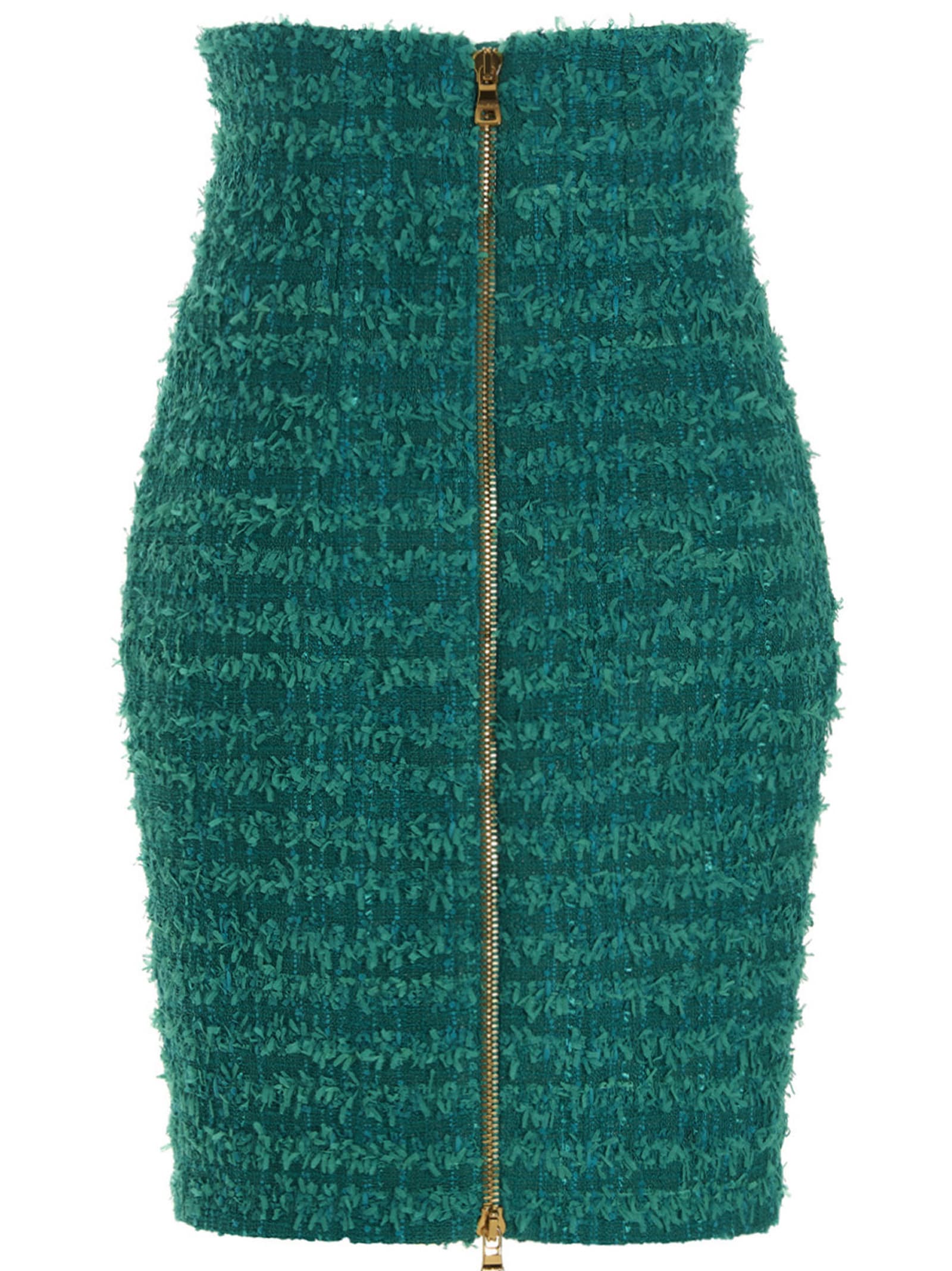 Shop Balmain Logo Button Tweed Skirt In Green