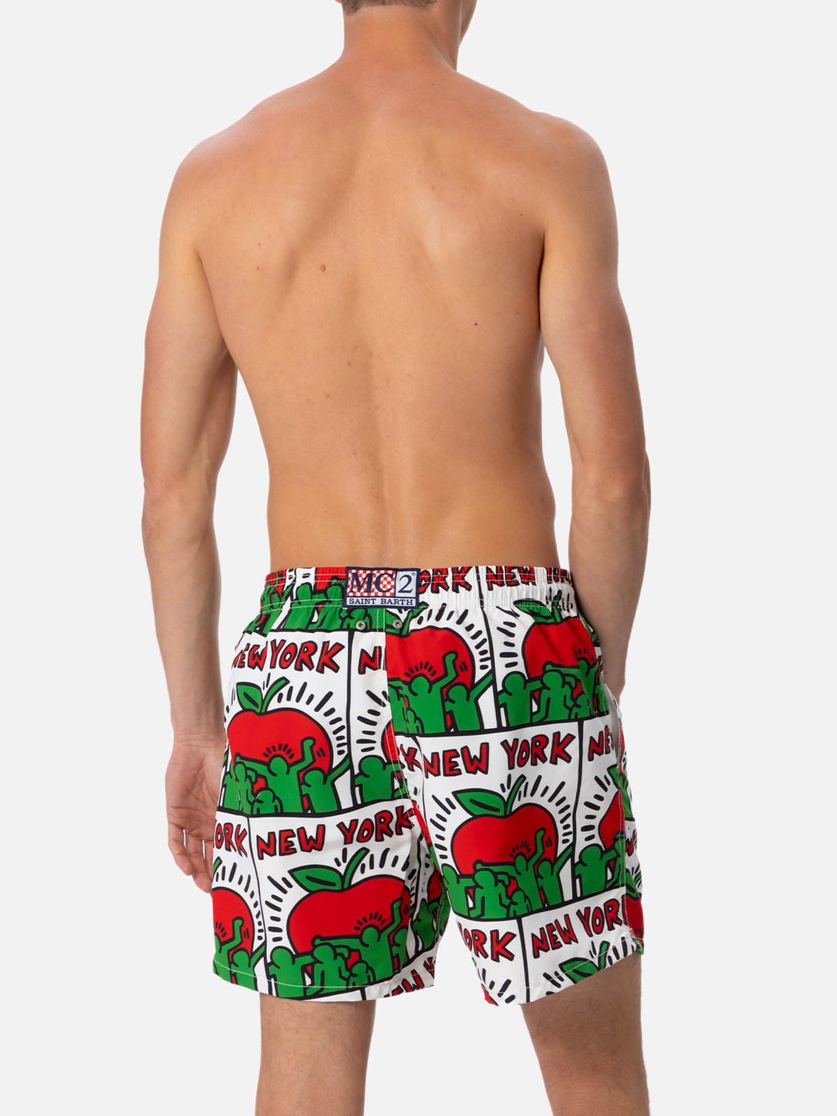 Mc2 Saint Barth Man Mid-length Gustavia Swim-shorts With Keith Haring Design Placed Print Keith Haring Special Editi In White