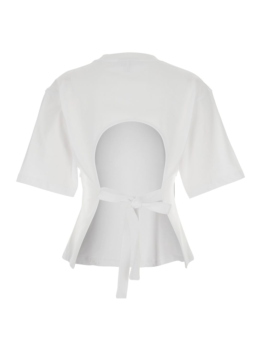 Ganni White Crewneck T-shirt With Front Embellishments And Rear Bow Closure In Cotton Woman