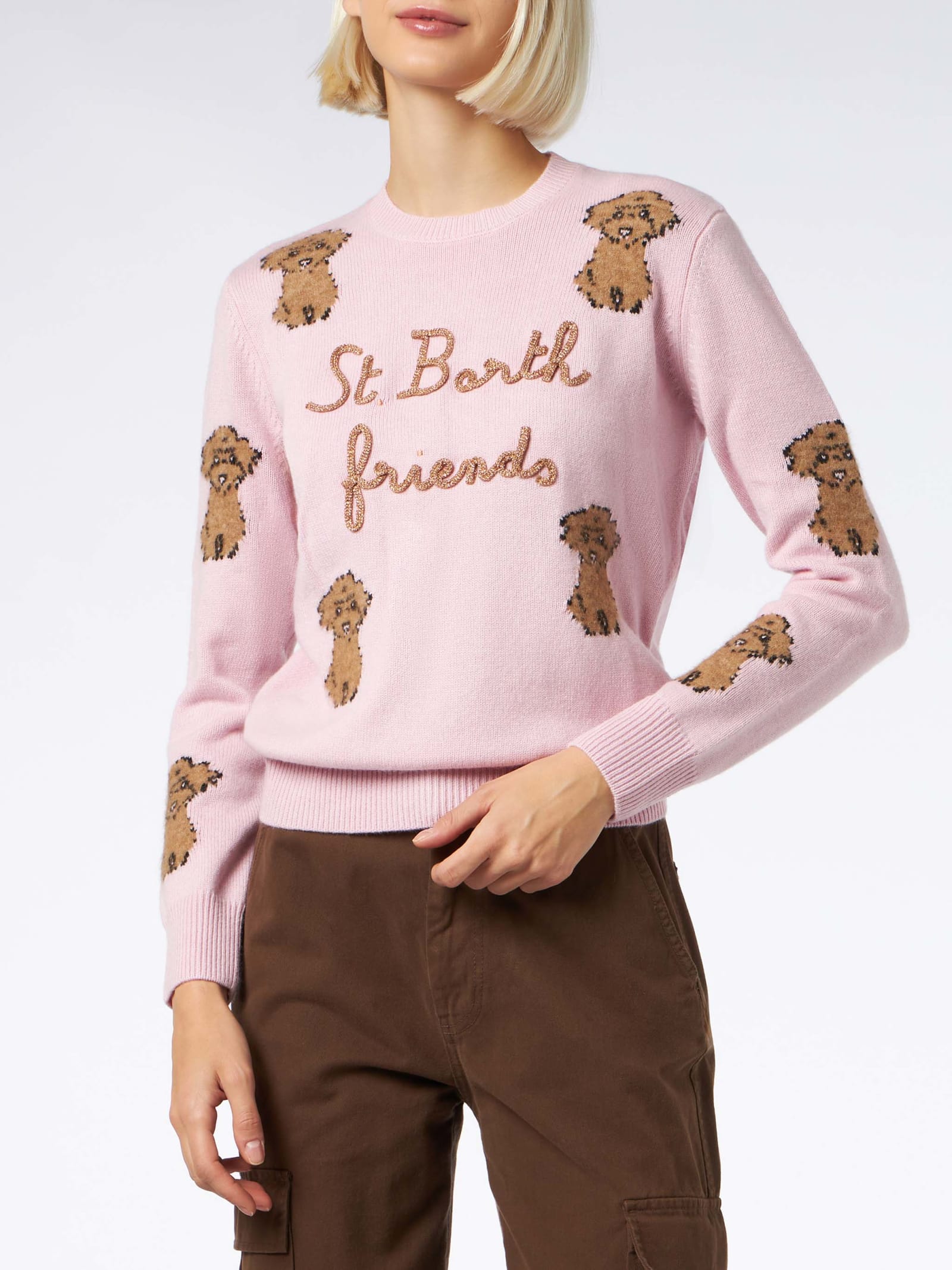 Shop Mc2 Saint Barth Woman Crewneck Sweater With St. Barth Friend Embroidery In Pink