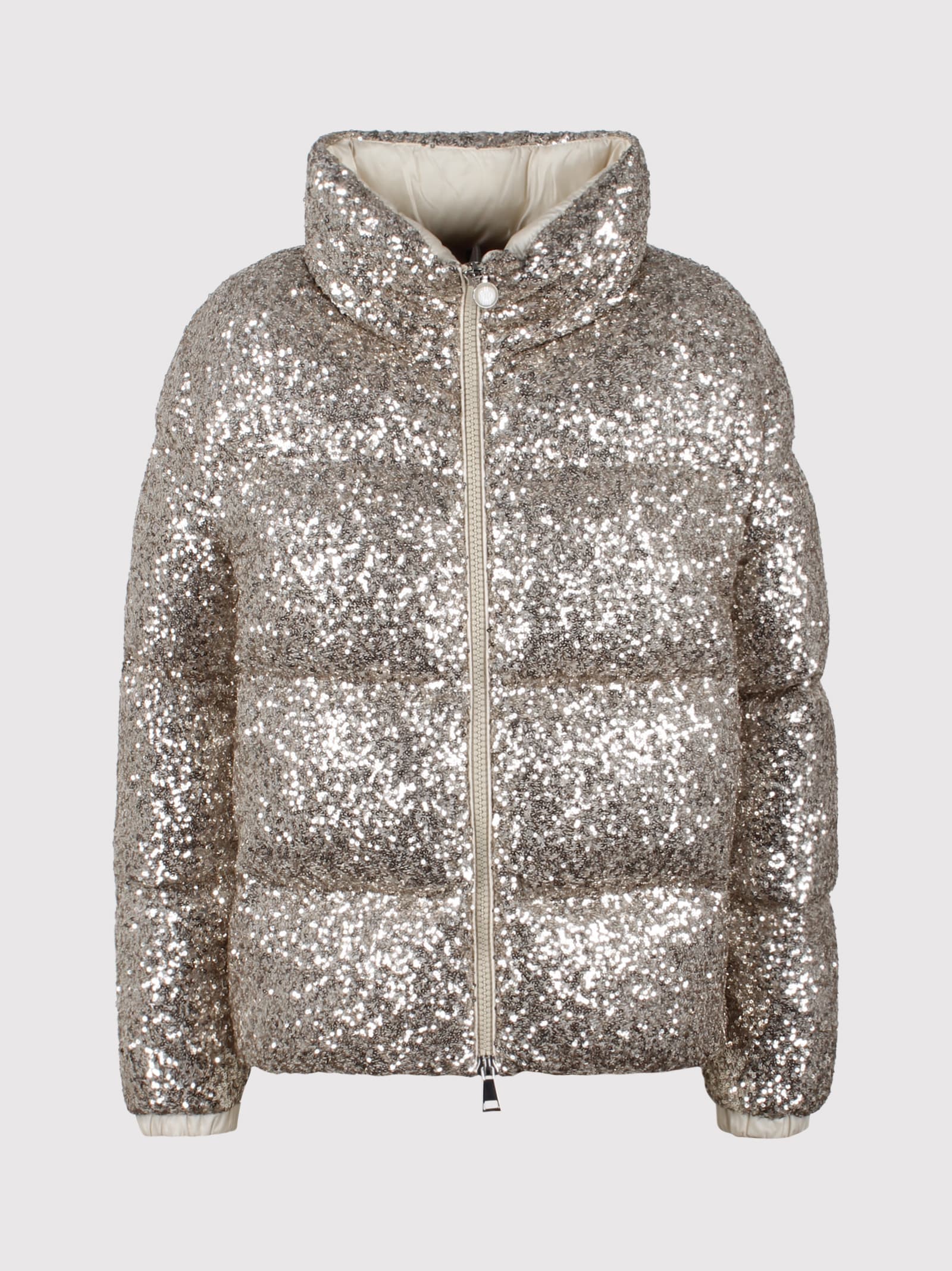 Moncler Short Embroidered Anternes Down Jacket In Metallic