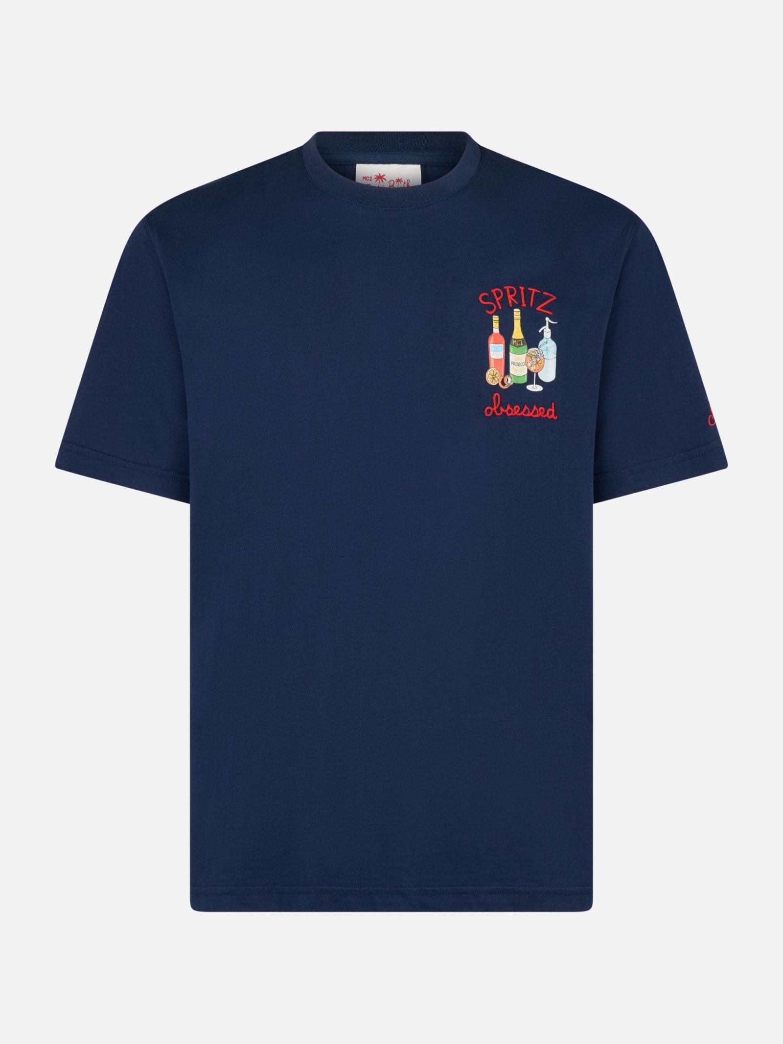 Mc2 Saint Barth Man Cotton T-shirt With Spritz Obsessed Embroidery In Blue