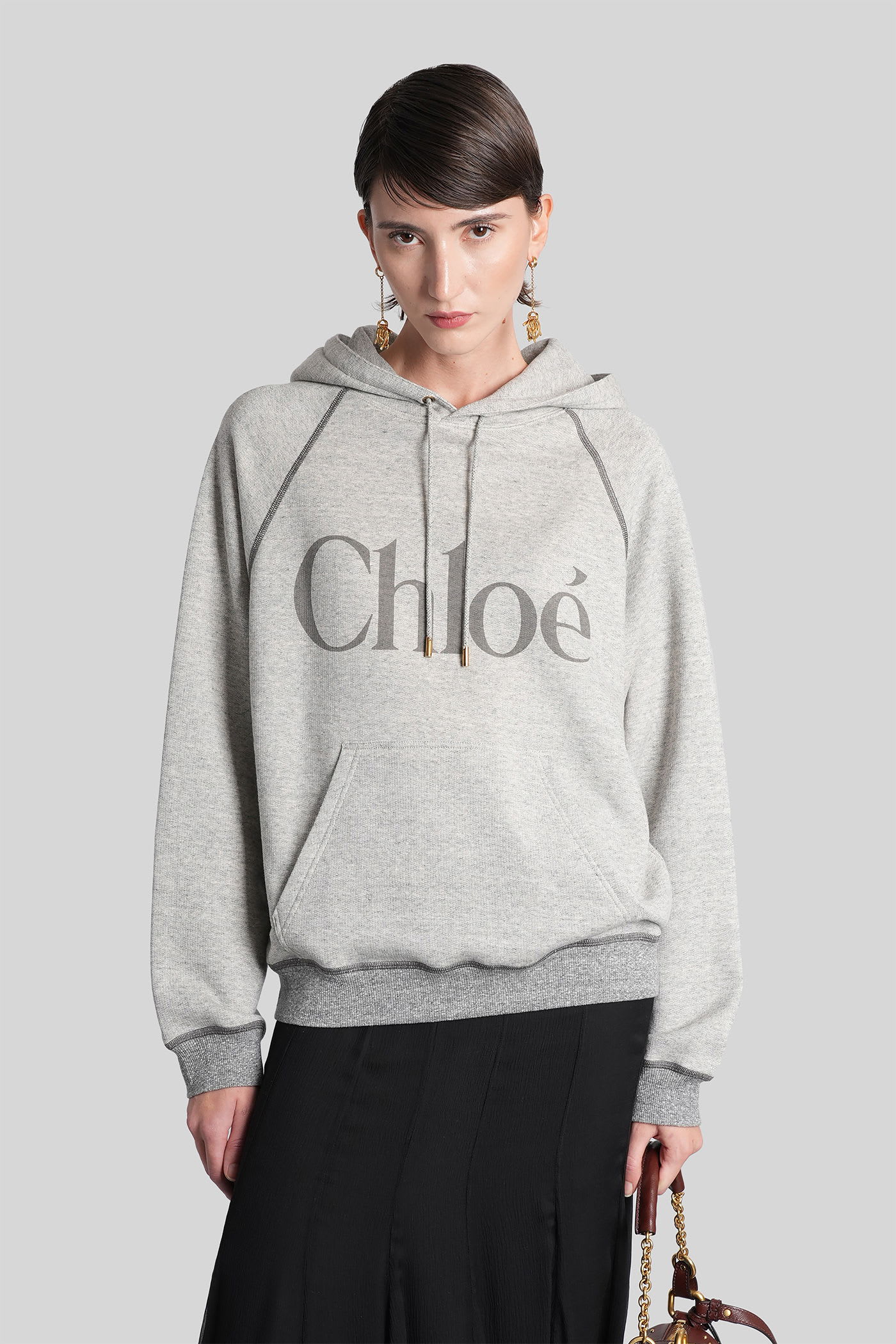 Chloé Cotton Blend Logo Hoodie In Gray