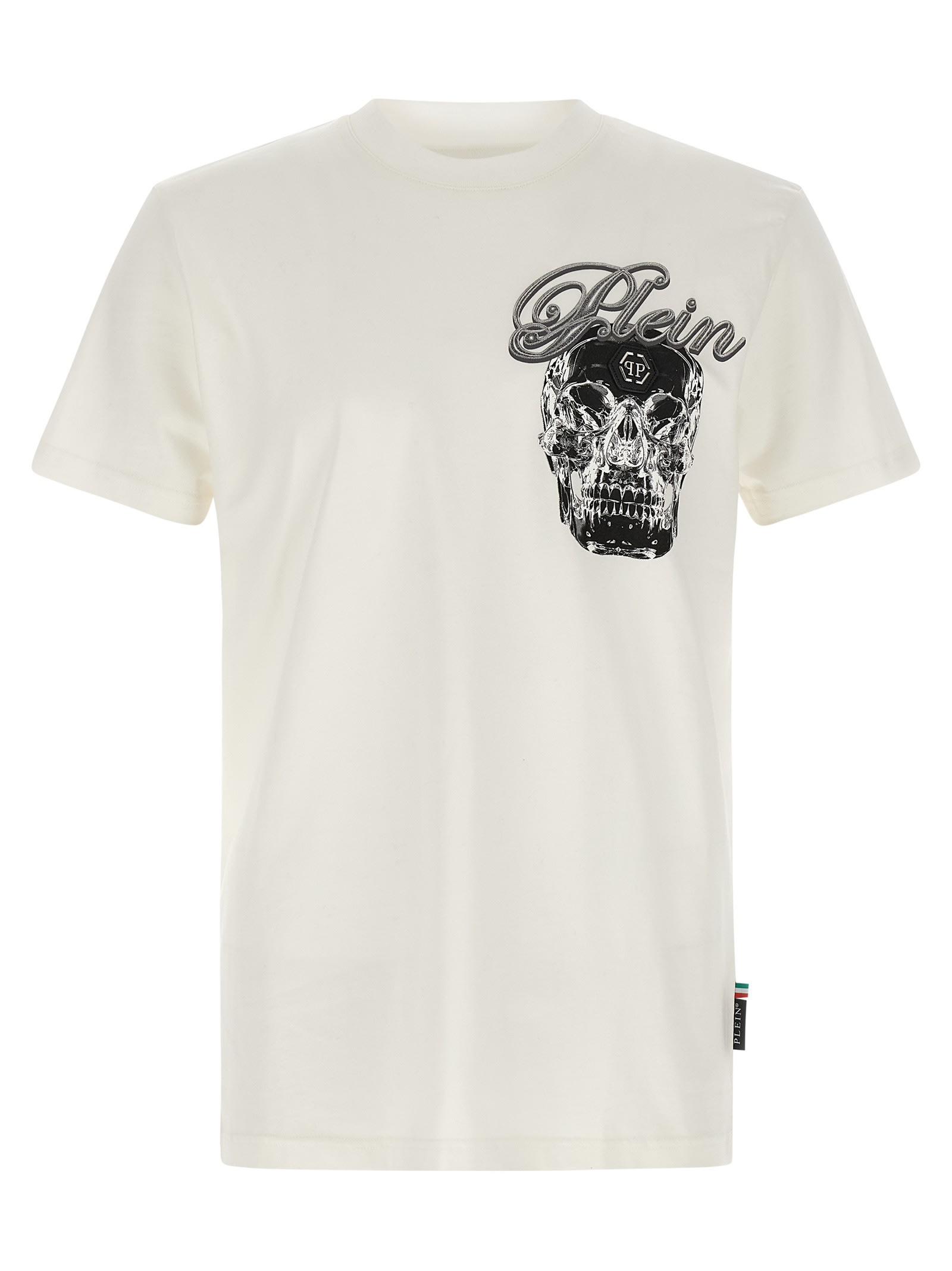 Philipp Plein Ribbed Crew Neck T-shirt With Logo Patch And Chest Print In White