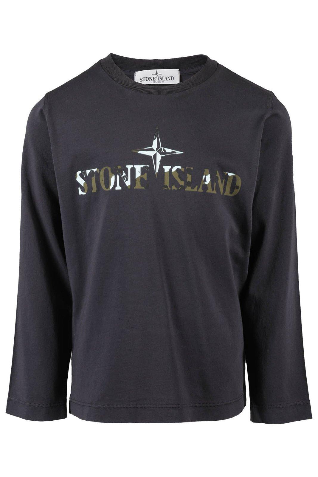 Shop Stone Island Junior Logo-printed Long-sleeved Crewneck T-shirt In Navy Blue