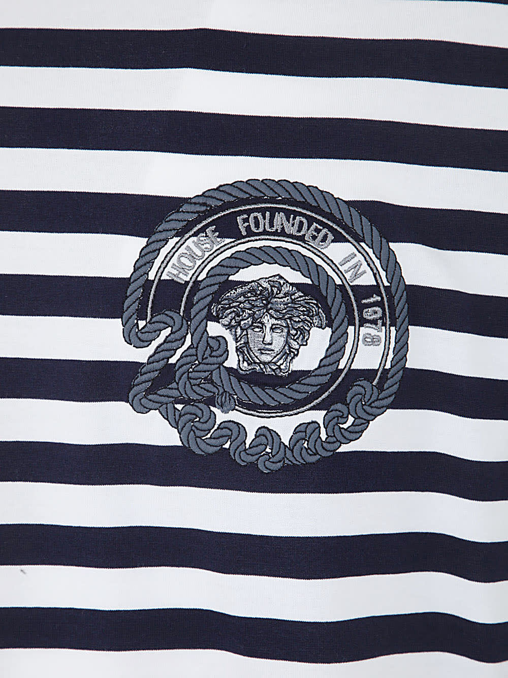 Shop Versace T-shirt Striped Jersey Fabric + Embroidered Nautical Emblem In White Navy Blue
