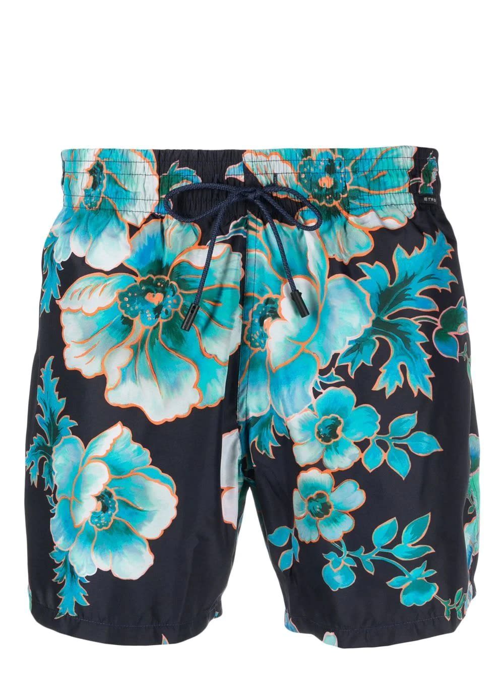 ETRO NAVY BLUE SWIM SHORTS WITH MAXI FLORAL PRINT