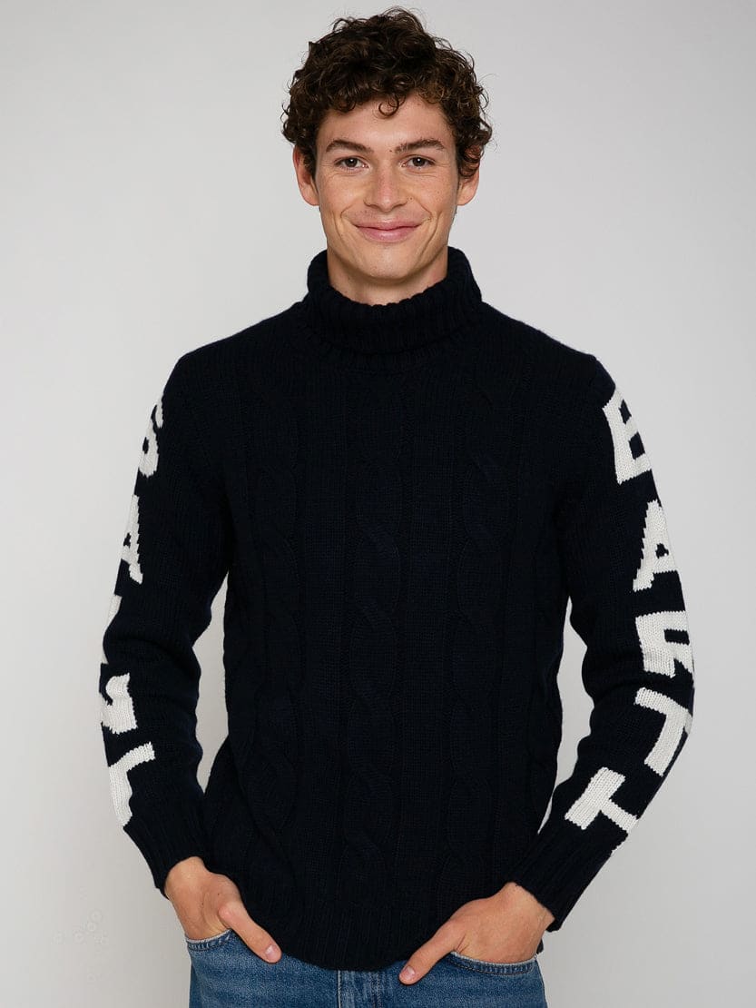 Mc2 Saint Barth Man Navy Blue Cable Knit Sweater Fisherman With Saint Barth Jacquard In Blue