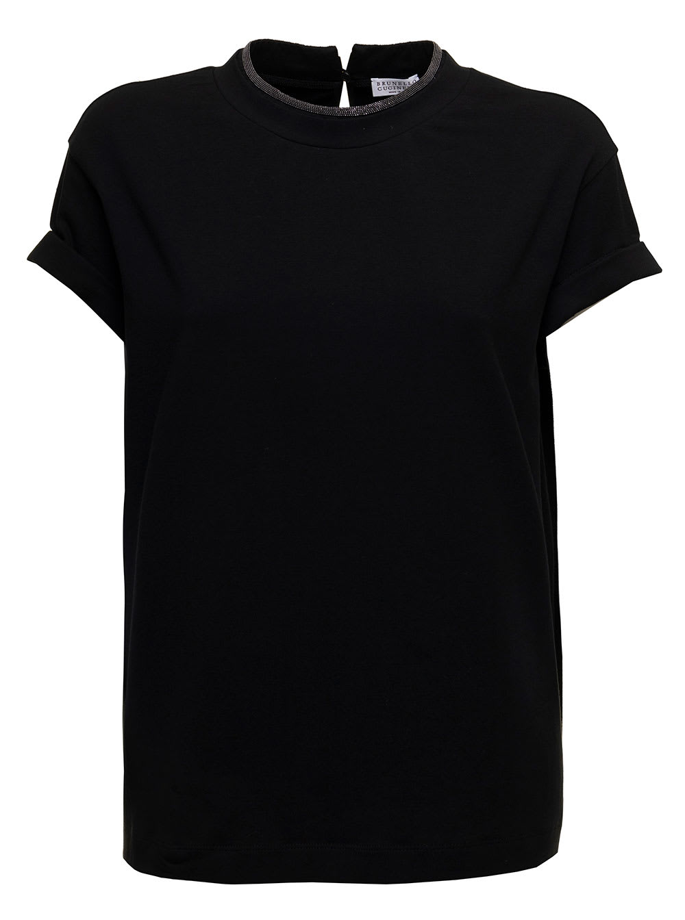 Brunello Cucinelli Womans Black Cotton T-shirt With Monile Crew Neck