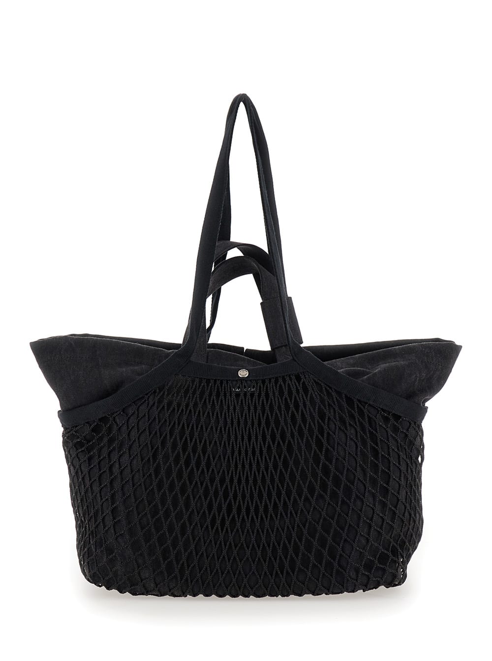 Shop Balenciaga 24/7 Medium Black Tote Bag With Logo Print In Washed Cotton Canvas And Fishnet Woman