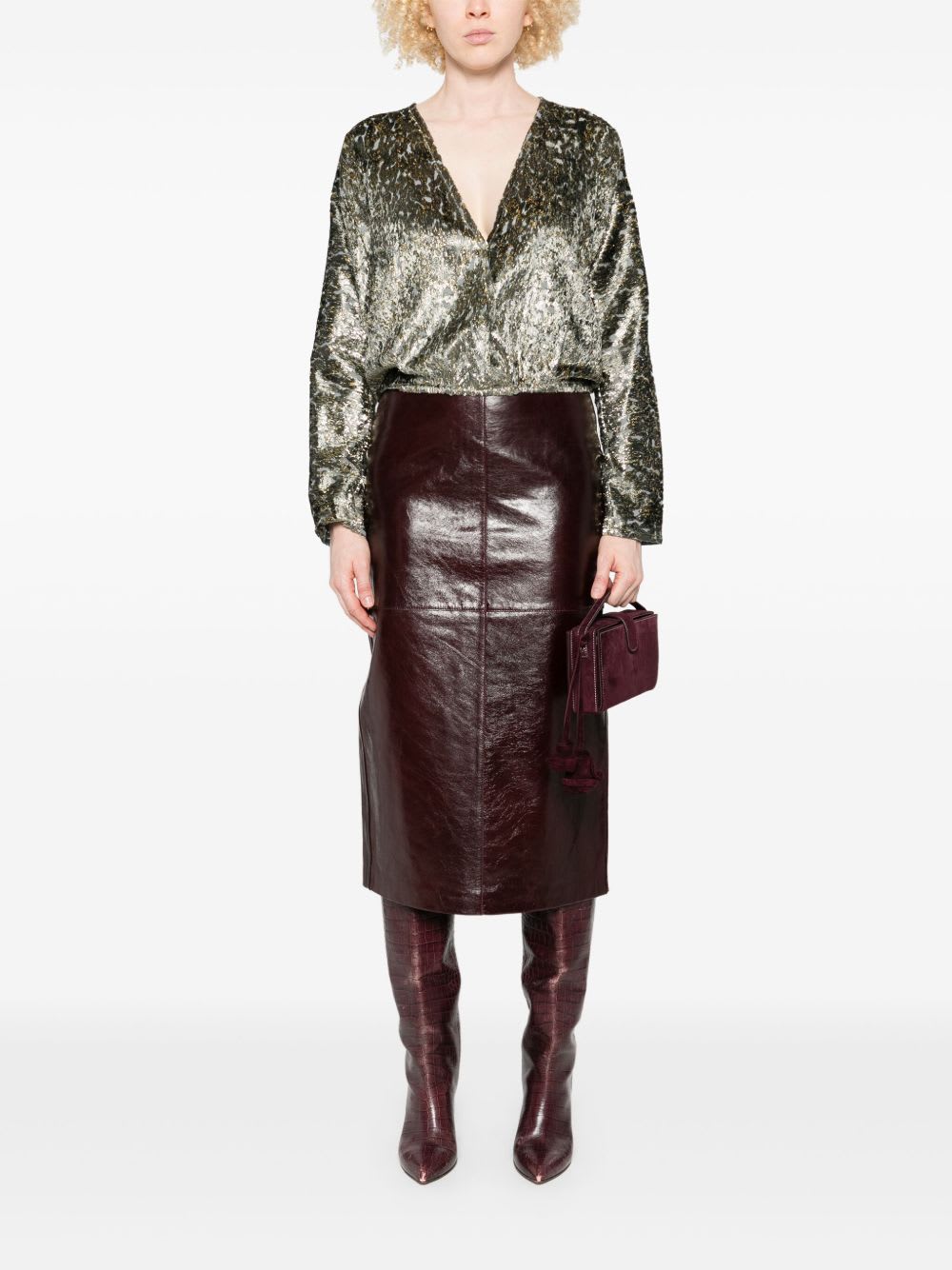 Forte Forte Metallic V-neck Long Sleeve Top In Gray