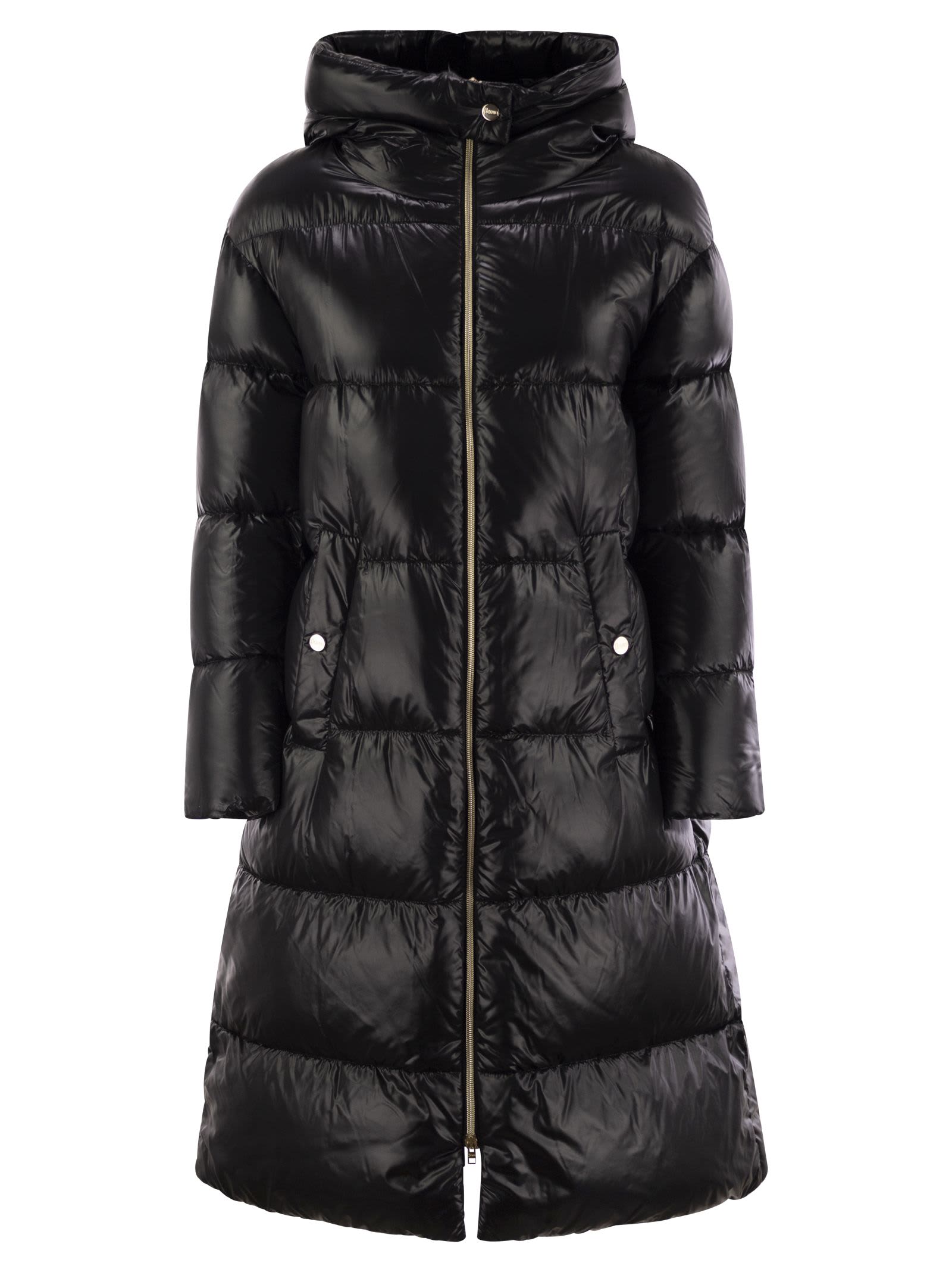 Herno Long Quilted Down Jacket With Hood And Buttons In Black