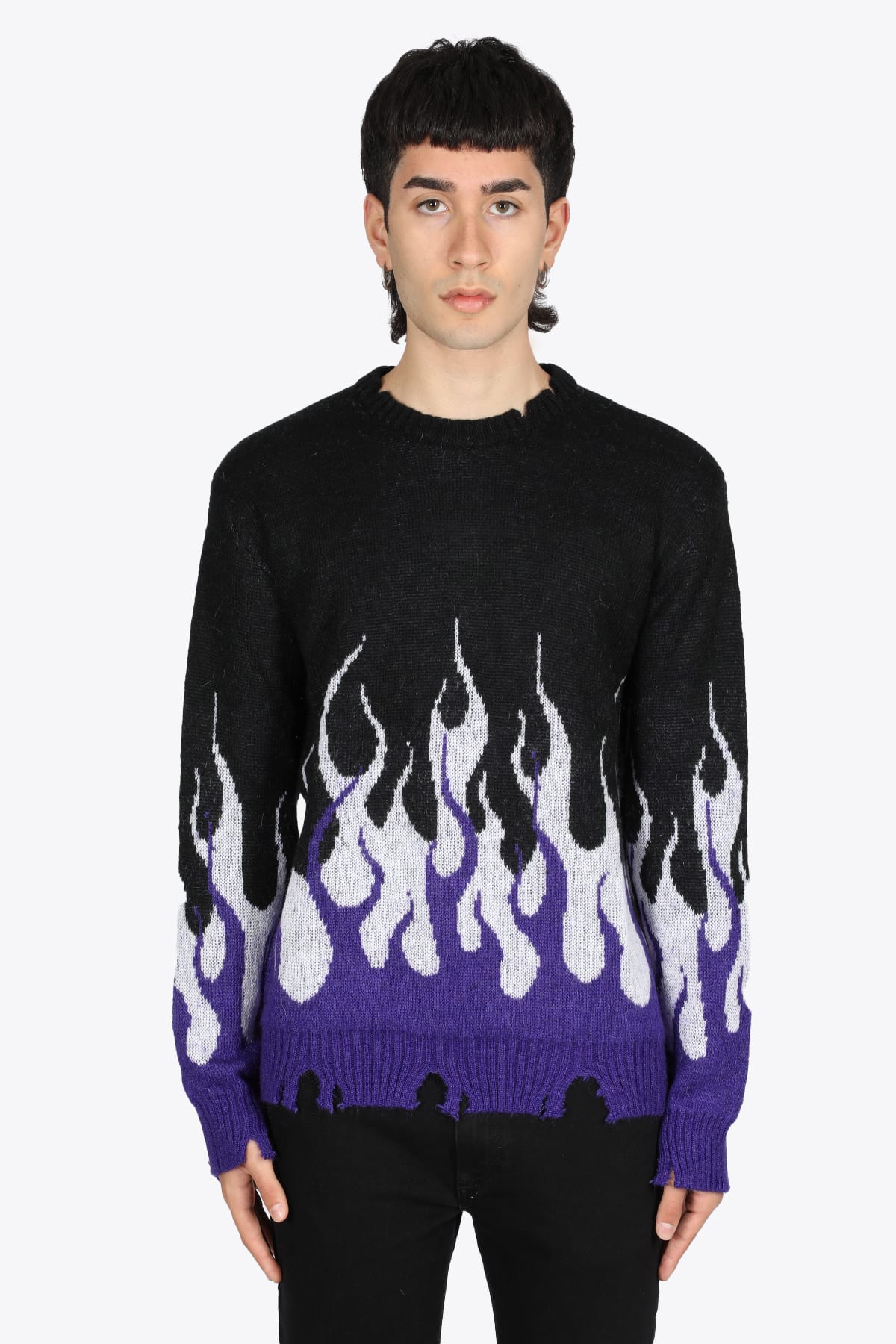 Vision of Super Vos/b8doublepu Mohair Black mohair pullover with purple flames