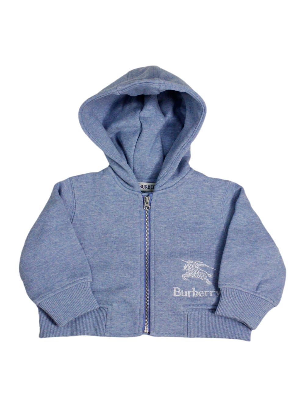 Burberry Kids' Full Zip Hooded Sweatshirt With Long Sleeves In Fine Cotton With Logo On The Front In Light Blu