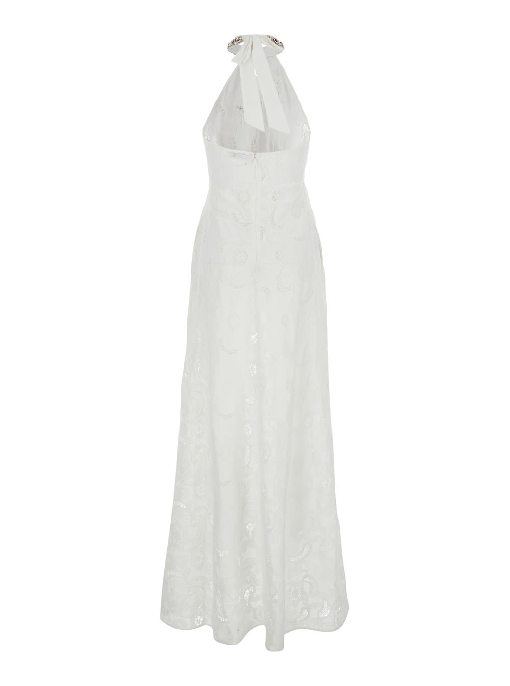 Shop Anjuna Isabel White Long Dress With Halterneck And All-over Embroidery In Cotton Woman