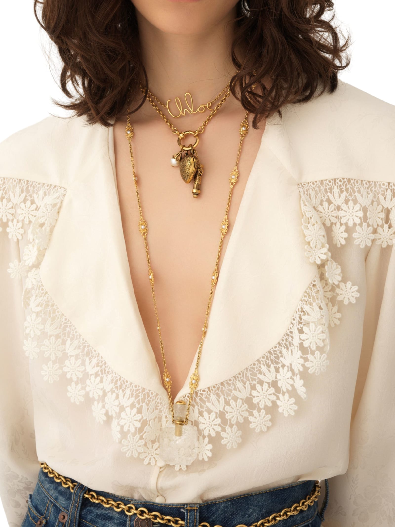 Chloé Blouse Col Oversize En Soie Jacquard Et Dentelle In White