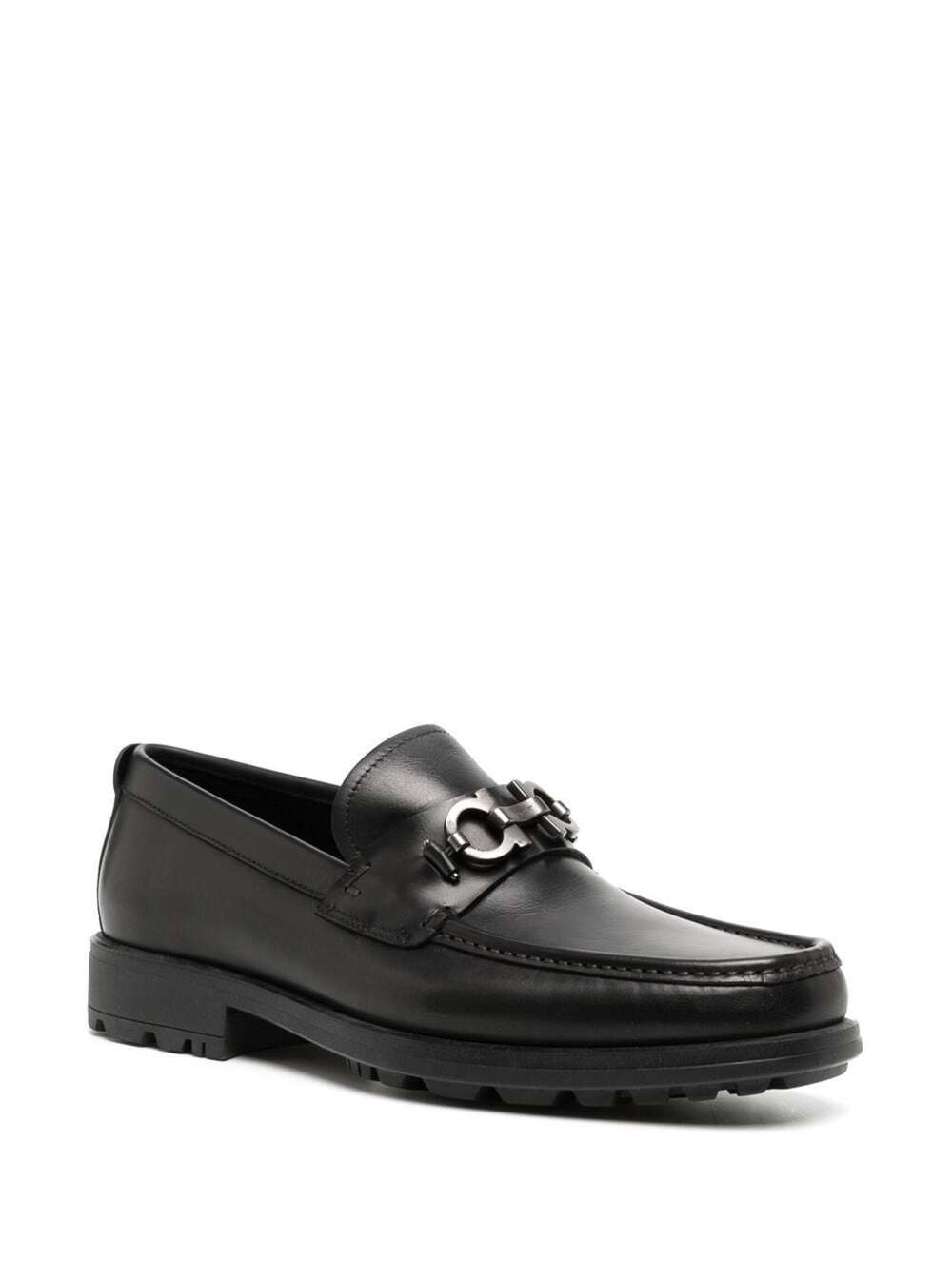 Shop Ferragamo David Black Loafers Wirh Gancini Details In Leather Man