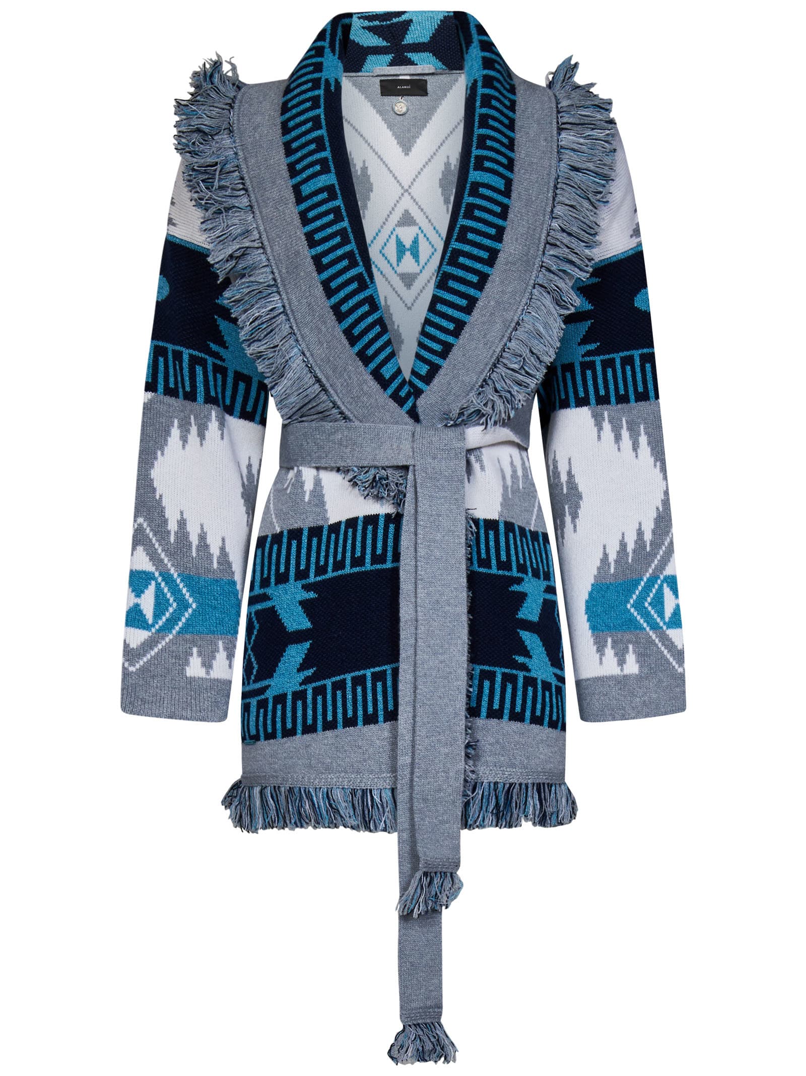 Shop Alanui Icon Jacquard Cardigan Cardigan In Azzurro/grigio