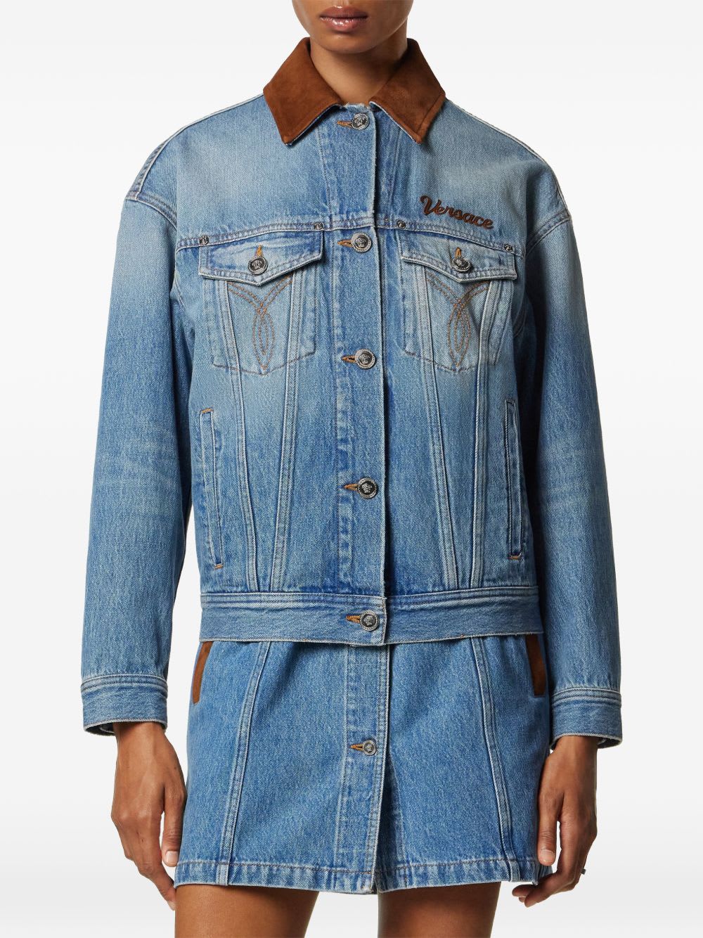 Versace Cotton Denim Jacket Long Sleeves Contrast Collar In Blue