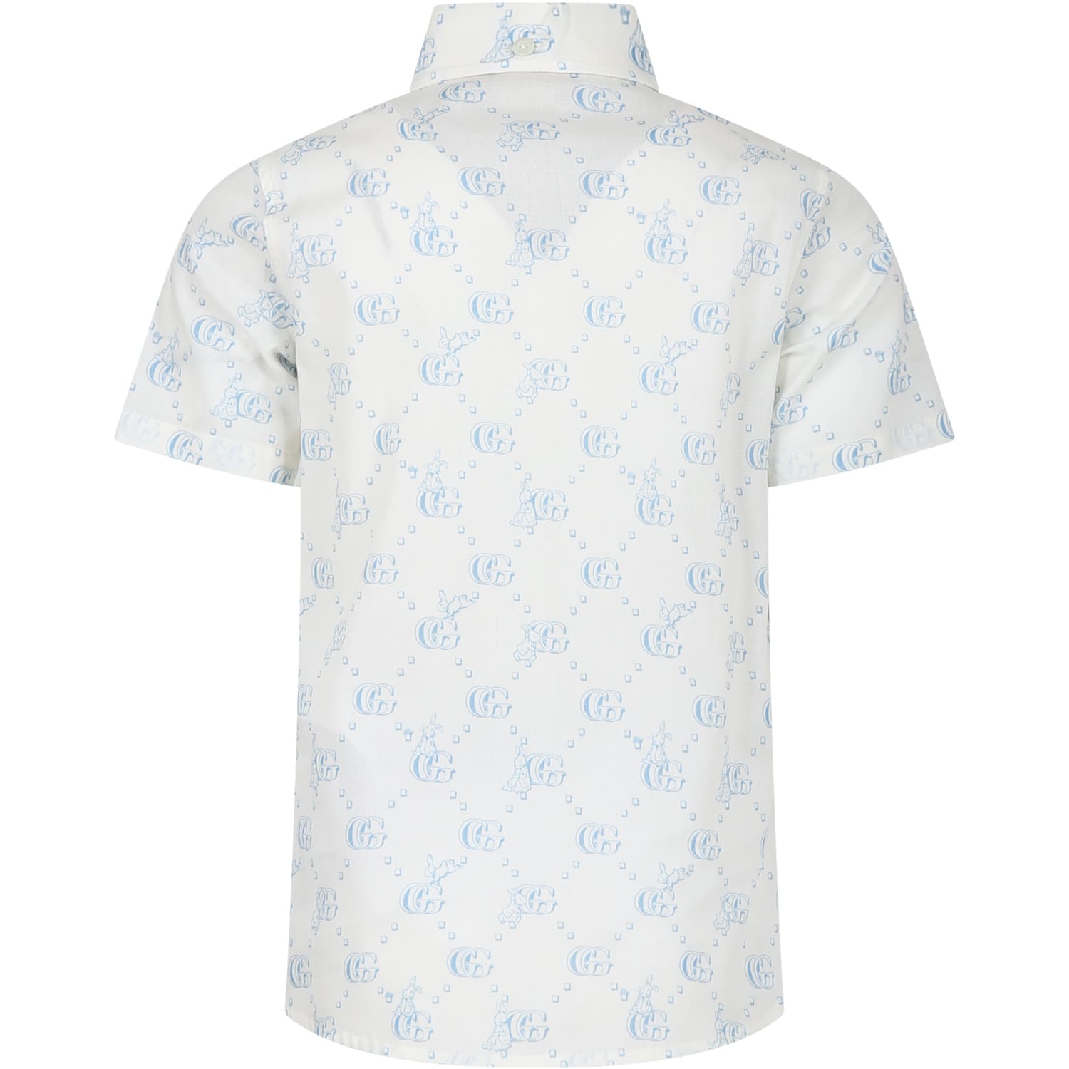 Shop Gucci Shirt For Boy With Light Blue Logo And All-over Rabbit In White