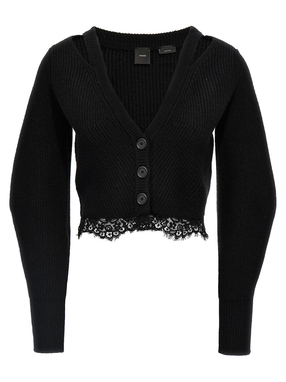 Shop Pinko Cropped Knitted Cardigan In Black