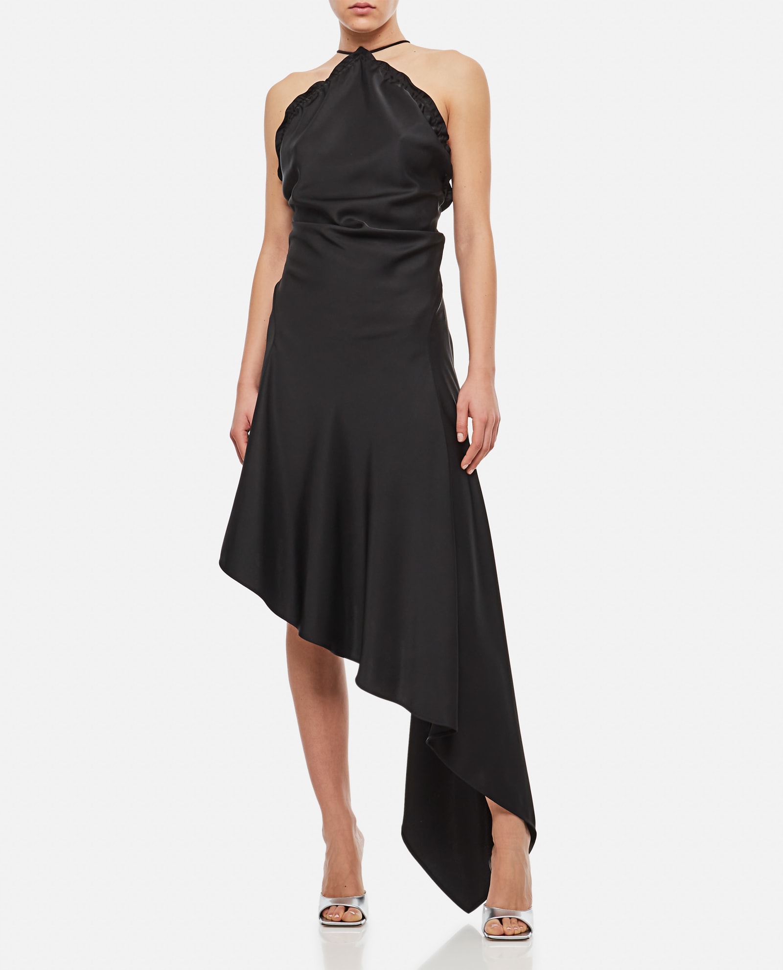Attico Asymmetric Satin Midi Dress In Black