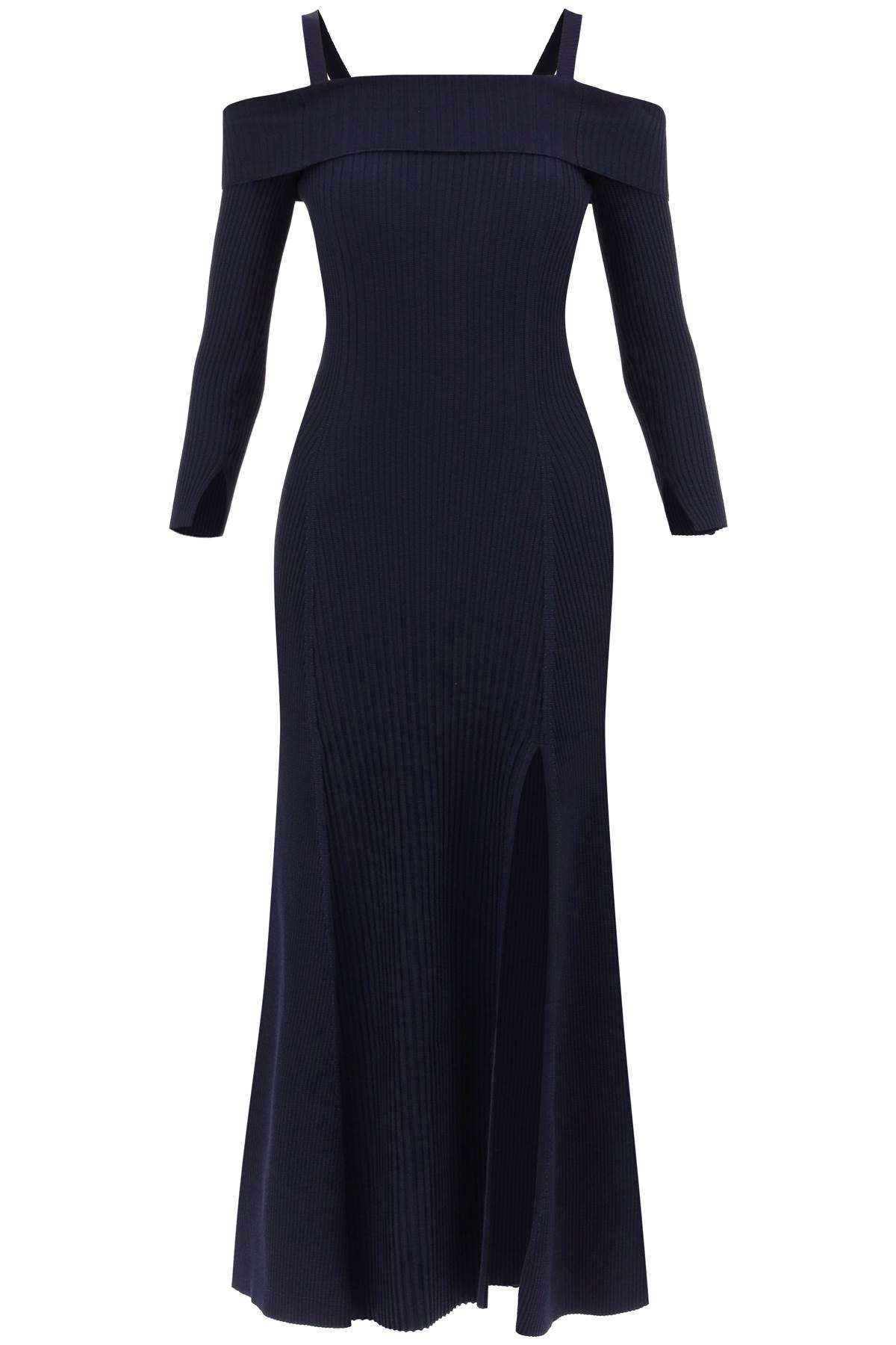 Shop Ganni Long Knitted Off-the-shoulder Dress In Sky Captain (blue)