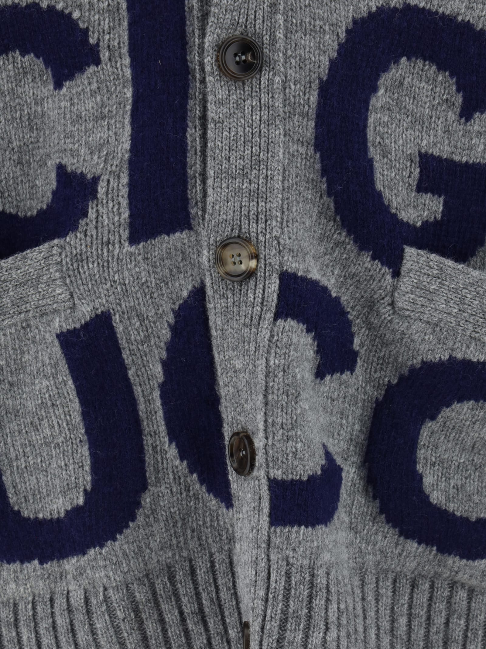 Gucci Logo-intarsia Wool Cardigan In Grey/blue