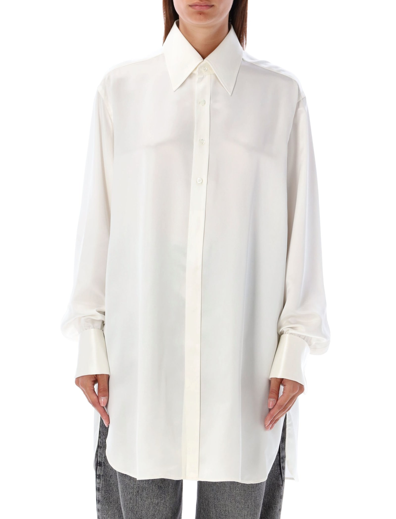 Shop Maison Margiela Silk Long Shirt In White