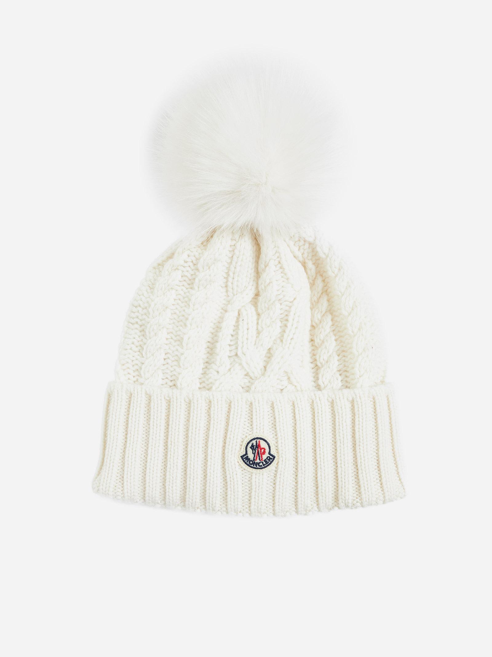 Shop Moncler Pompon Cable-knit Wool Beanie In White