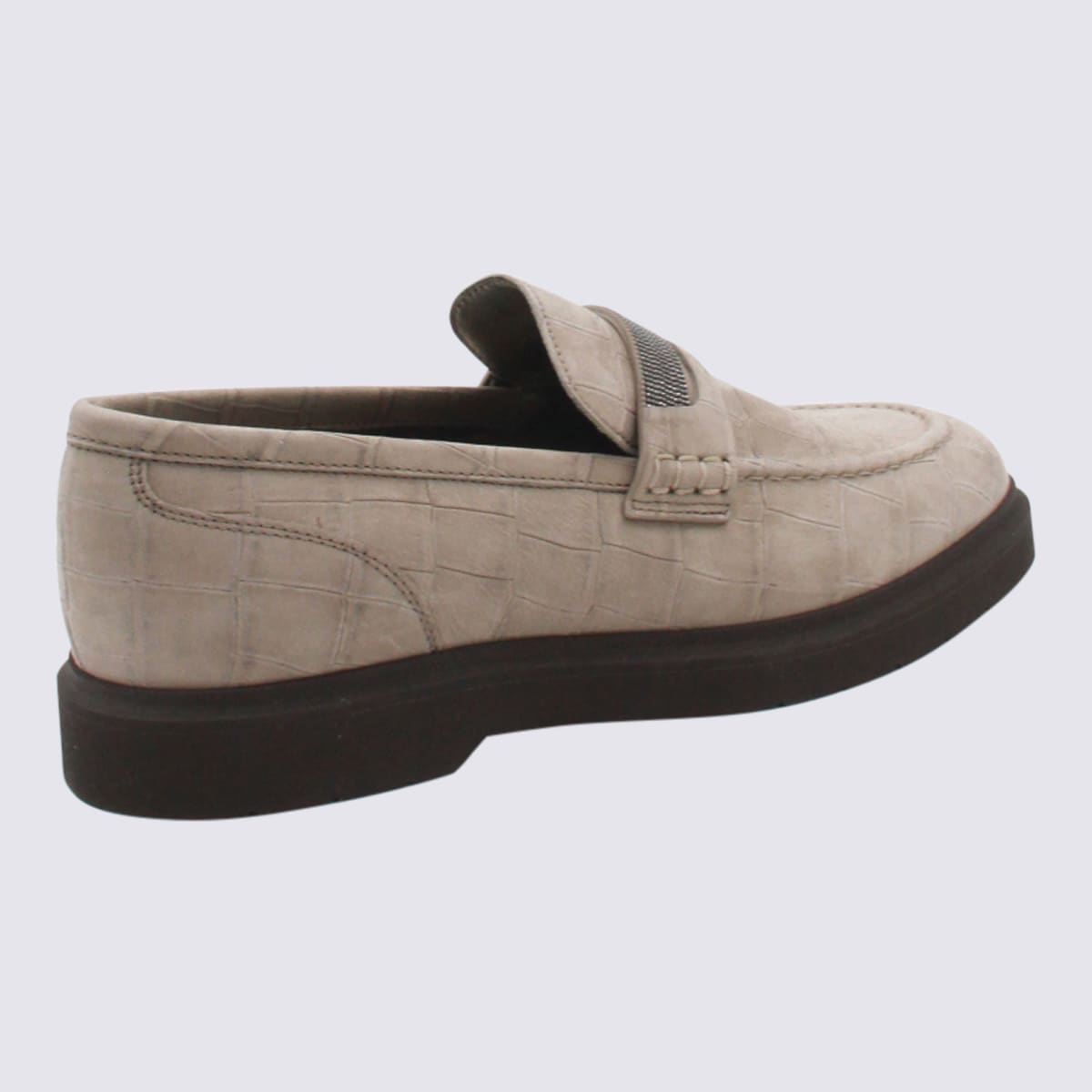 Brunello Cucinelli Crocodile Effect Round Toe Flat Sole Loafers In Neutral