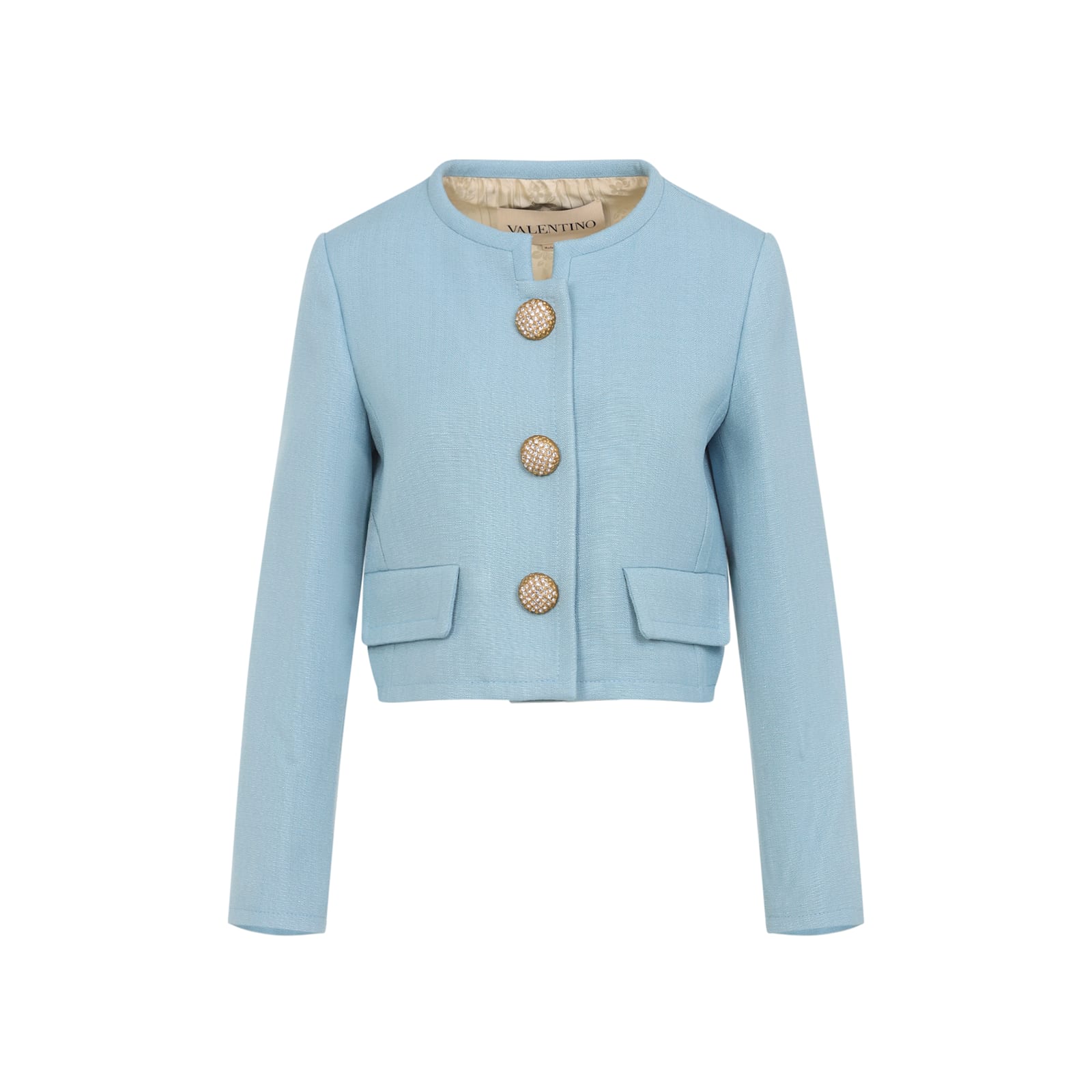 Valentino Womens Bluish Grey Embellished-button Round-neck Woven Jacket In Blue
